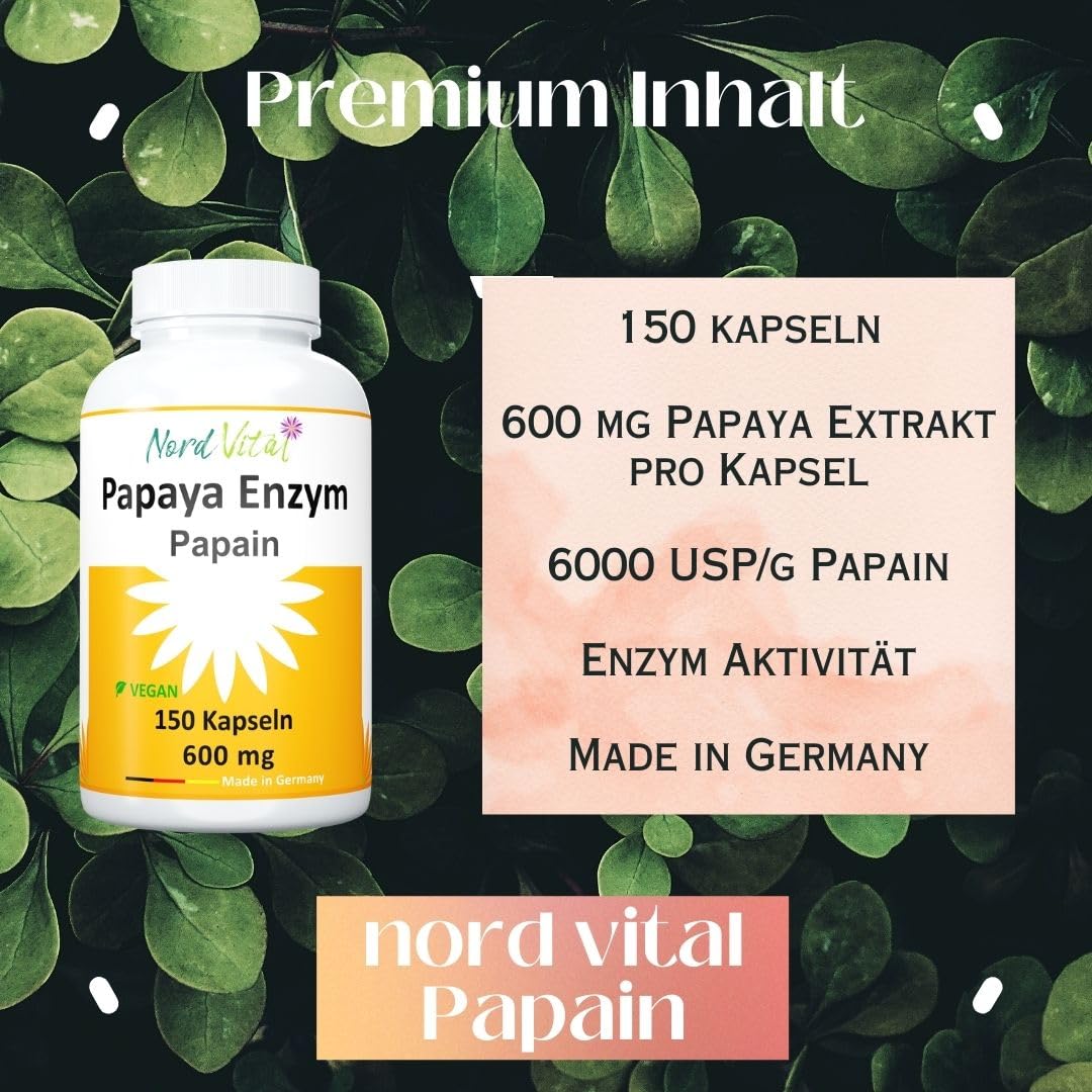 Papaya Enzym Papain - 150 Kapseln - ULTRA-HOCH PAPAIN-ENZYMAKTIVITÄT - Vegan - natürliches Enzym aus Papaya-Extrakt - deutsche Produktion
