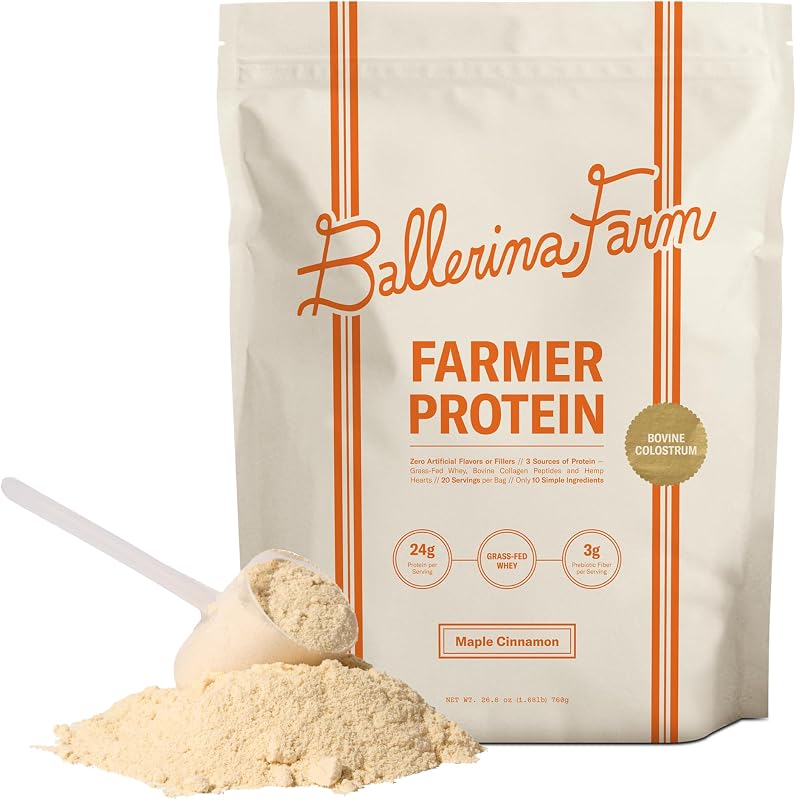 Ballerina Farm Grass Fed Whey Protein Powder, Maple Cinnamon, 24g Protein with Collagen Peptides, Bovine Colostrum, Hemp Hearts & Prebiotic Fiber, No Artificial Ingredients, 20 Servings