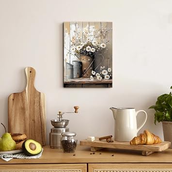 Rustic Flower Wall Art White Daisy Floral Canvas Prints Pictures for Kitchen Wall Decor Vintage Botanical Prints Paintings Poster Retro Farmhouse Artwork for Dining Room Home Decorations 30x40cm