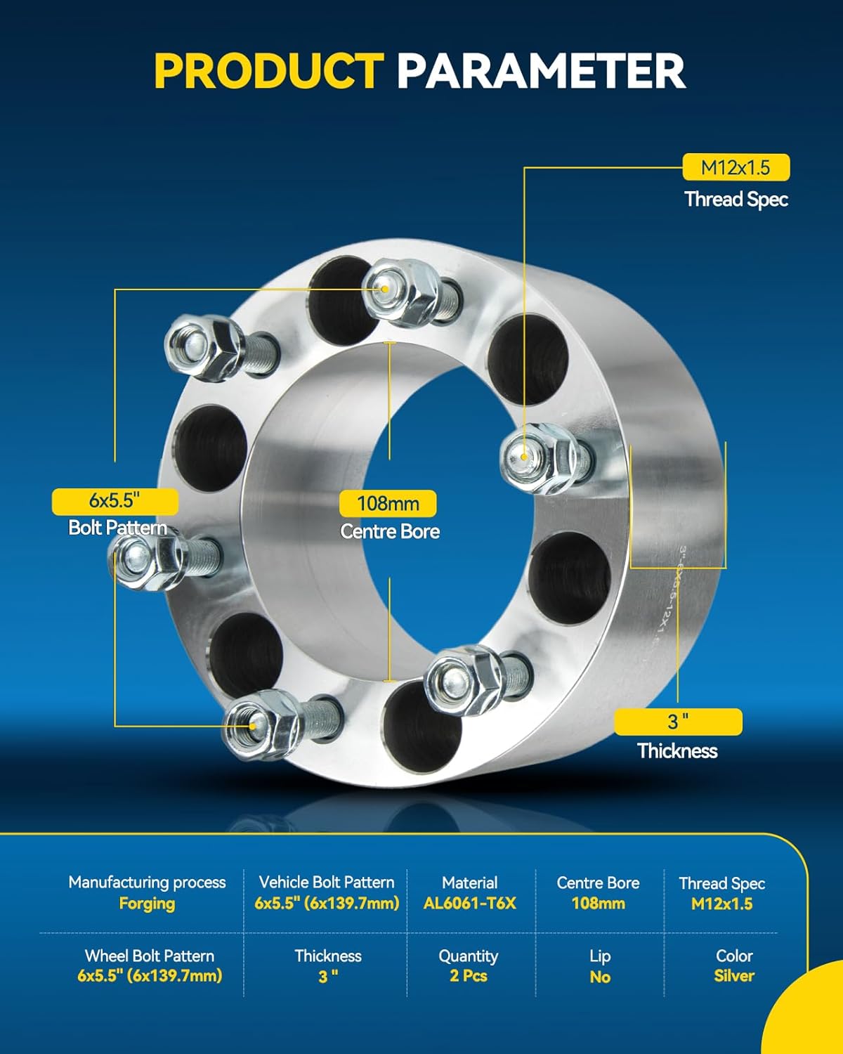PHILTOP 6x5.5 Wheel Spacers 3 inch for Kia, 2 Pcs 6 Lug Wheel Spacers with 108mm Hub Bore M12x1.5 Studs fit for 2006-2014 Sedona