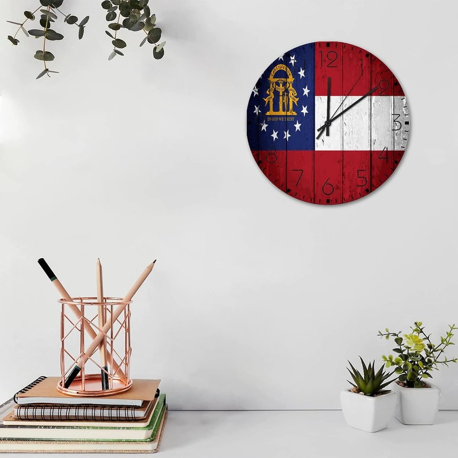 10 Inch Silent Non-Ticking Wall Clocks Battery Operated Georgia Wall Decor for Garage USA America Map Flag Modern Round Wooden Wall Clock Rustic for Church Girls Room