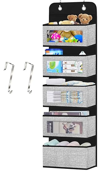 Over The Door Hanging Organizer with 5 Big Pocket,Wall Mount Storage with Clear Windows and 2 Metal Hooks for Pantry, Baby's room Nursery, Bathroom, Closet (white)