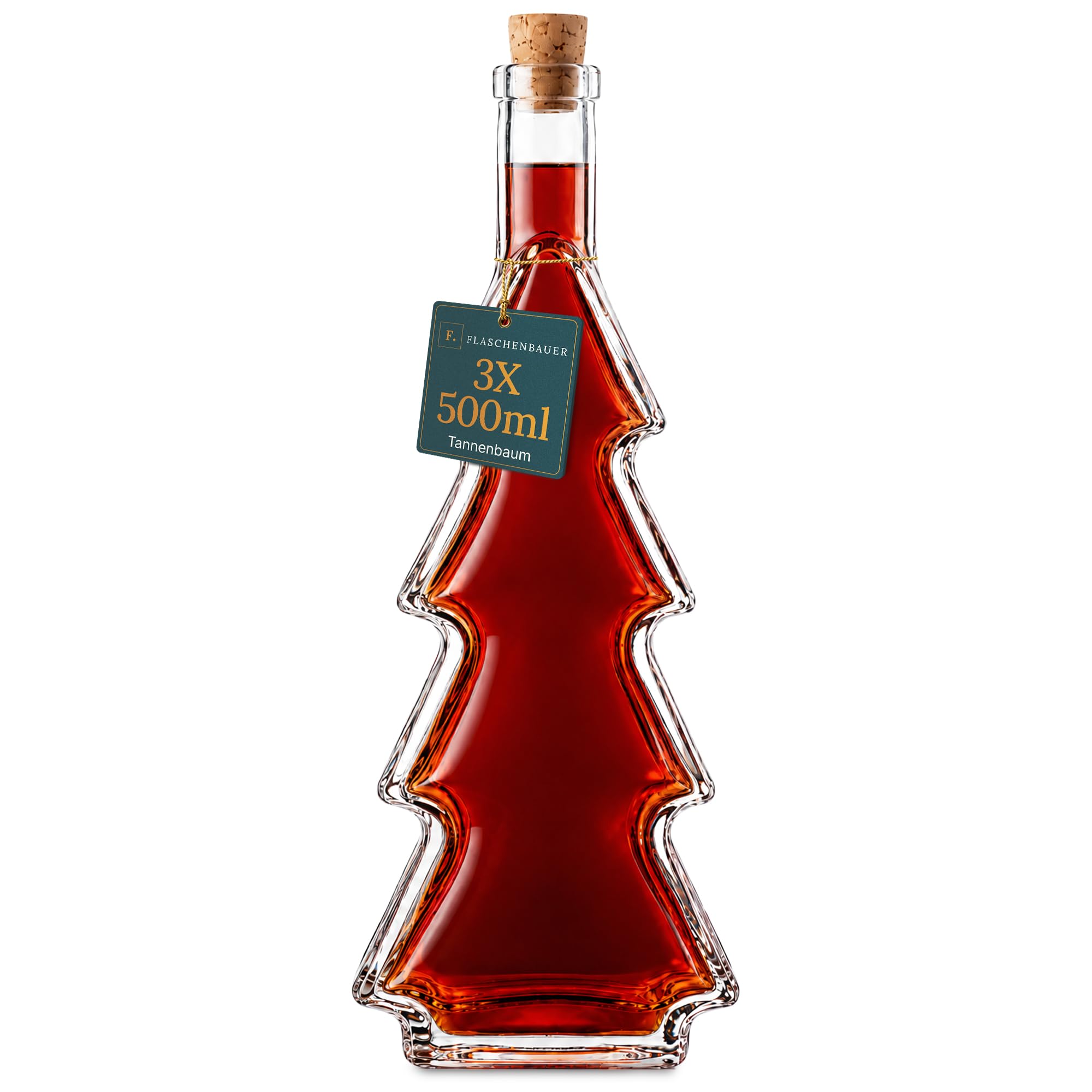 Flaschenbauer - 3x Tannenbaum Glasflaschen 500ml mit Korken - Weihnachtsflaschen zum Befüllen, Motivflaschen für Likör, Schnaps, Sirup & Deko, Geschenkflaschen, Likörflaschen