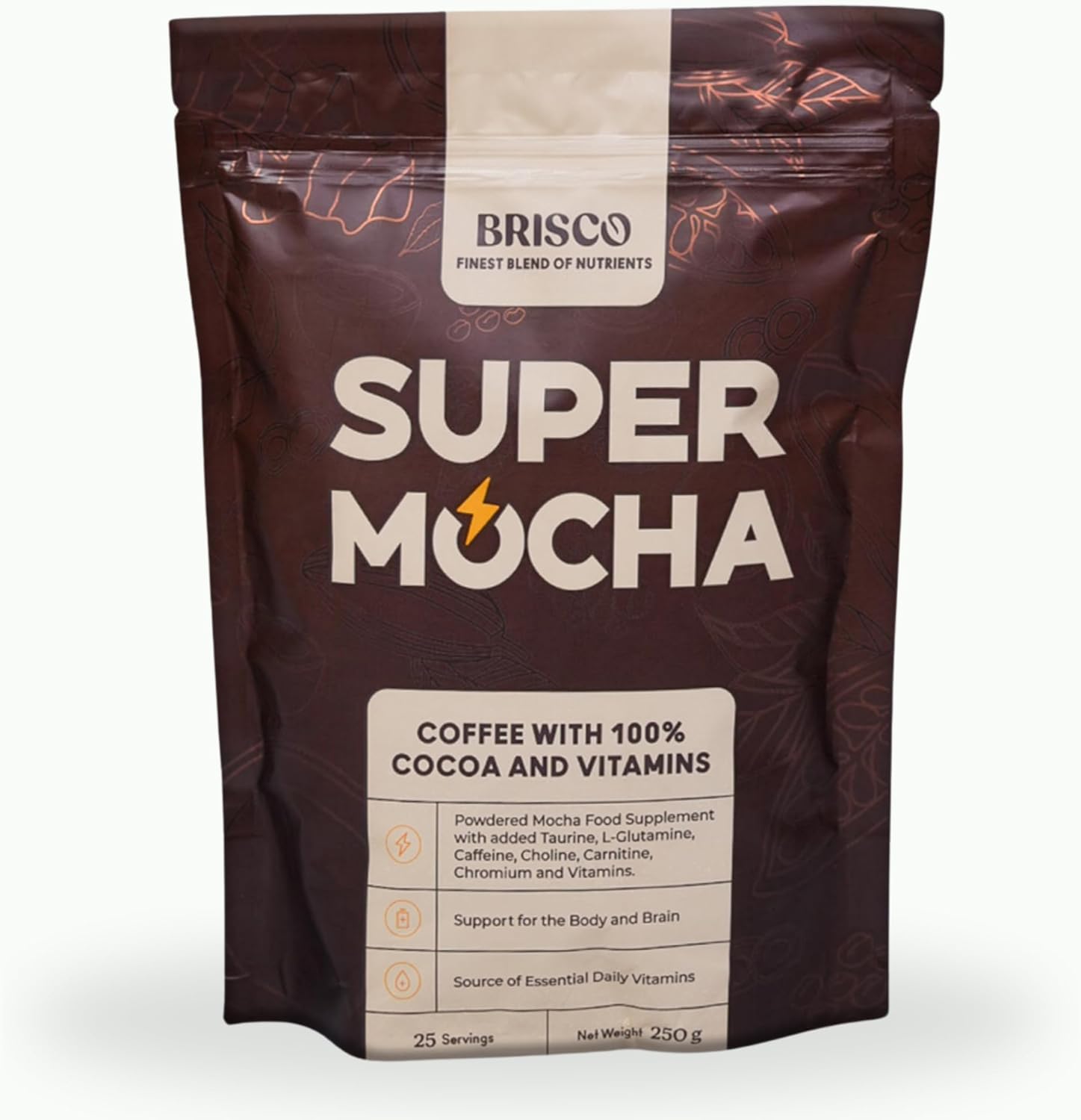 Super Mocha: Healthy Coffee Drink with 14 Essential Vitamins and Minerals | Vegan, Gluten Free, No Added Sugar | Taurine, MCT, L-Glutamine, Caffeine, Vitamins. 25 Servings.