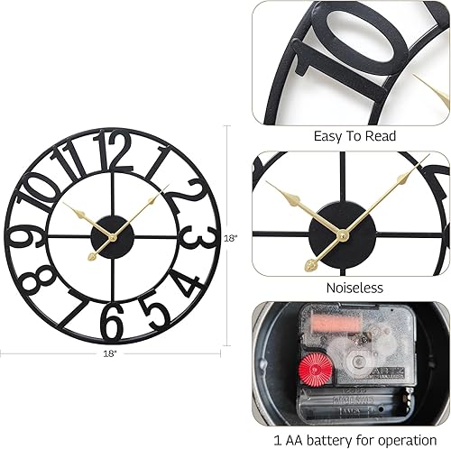 Miniatura 4 de SwallowLiving Reloj de pared grande de metal de 18 pulgadas para decoración de sala de estar, funciona con pilas, relojes de pared negros