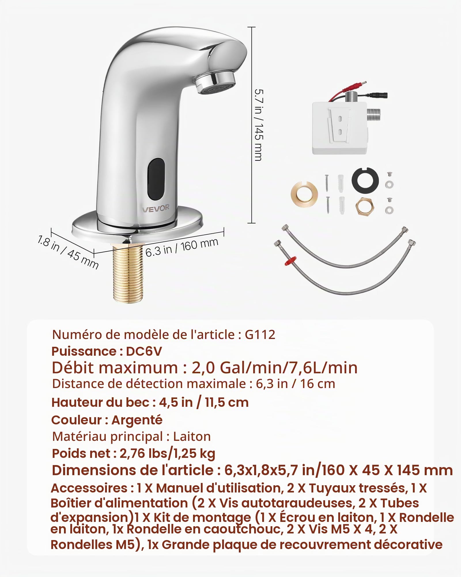 VEVOR Robinet Automatique sans Contact, Mitigeur de Lavabo à Capteur de Mouvement, Robinetterie d'Eau Froide, Fonctionne sur Piles, pour Tuyau de 9,5 mm, Bar Cuisine Salle de Bain, Chromé Argenté