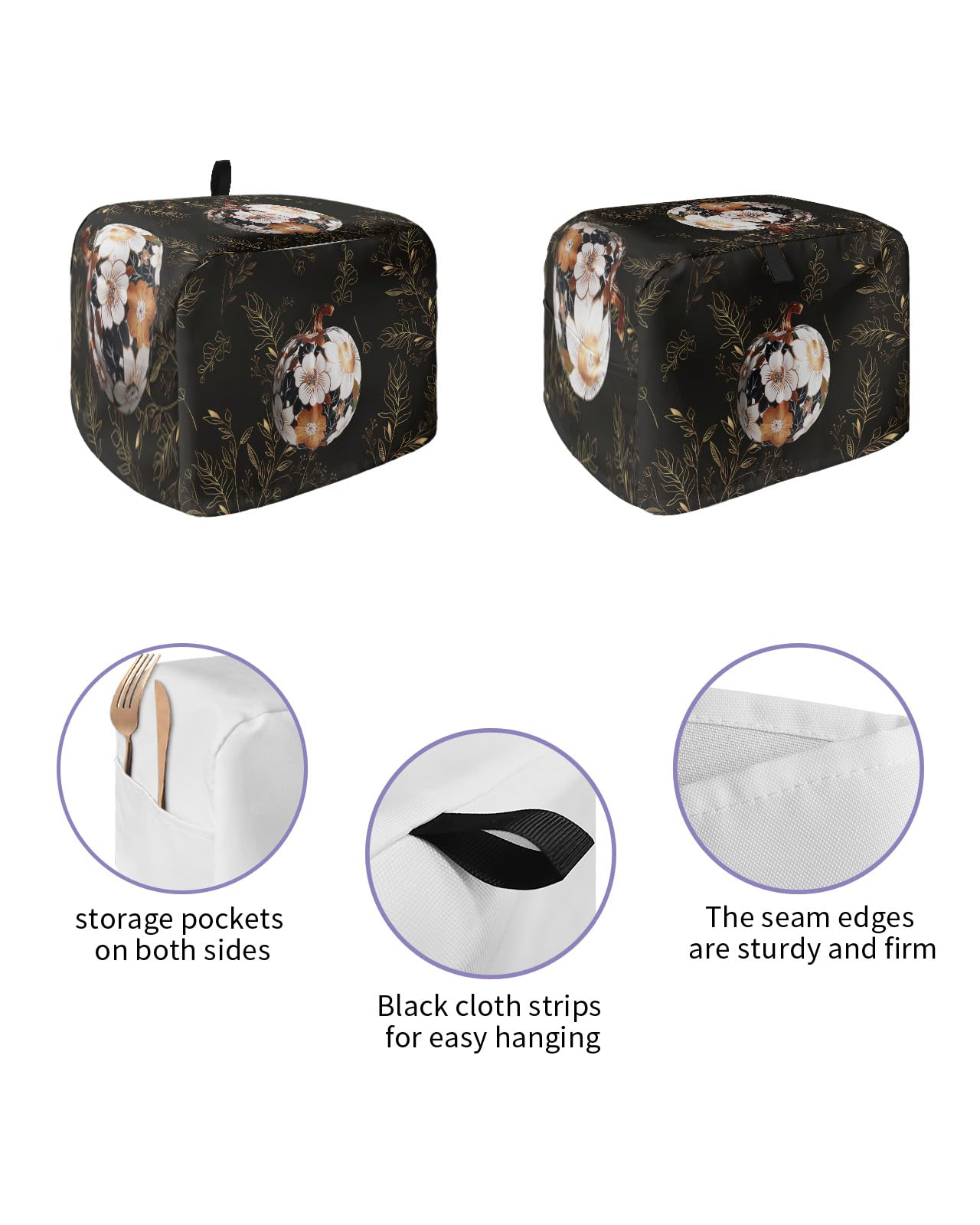 Thanksgiving 4 Slice Toaster Cover, Fall Bread Machine Cover Pumpkin Floral Botanical Leaves Black Kitchen Appliance Dust Cover Top Handle Fingerprint Protection Lightweight Kitchen Toaster Cover
