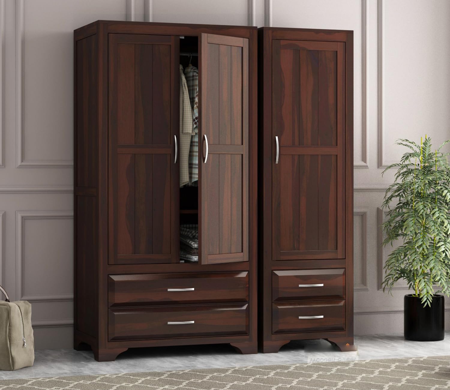 Wooden 3 Door Wardrobe for Clothes with 4 Drawer 4 Shelf Storage & Hanging Space - Sheesham Wood Almirah for Bedroom - Solid Wood Large Cupboard (Walnut Finish)-image-9