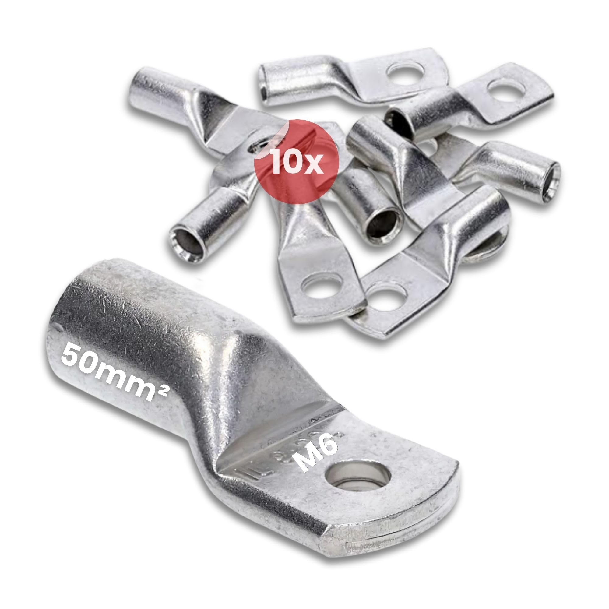 Kalitec 10x Cosse Tubulaire 50 mm² M6, Connecteur de Câble en Cuivre étamé | Bornes à sertir certifiées UL pour installations électriques, auto et solaire, haute conductivité sans trou de vision.