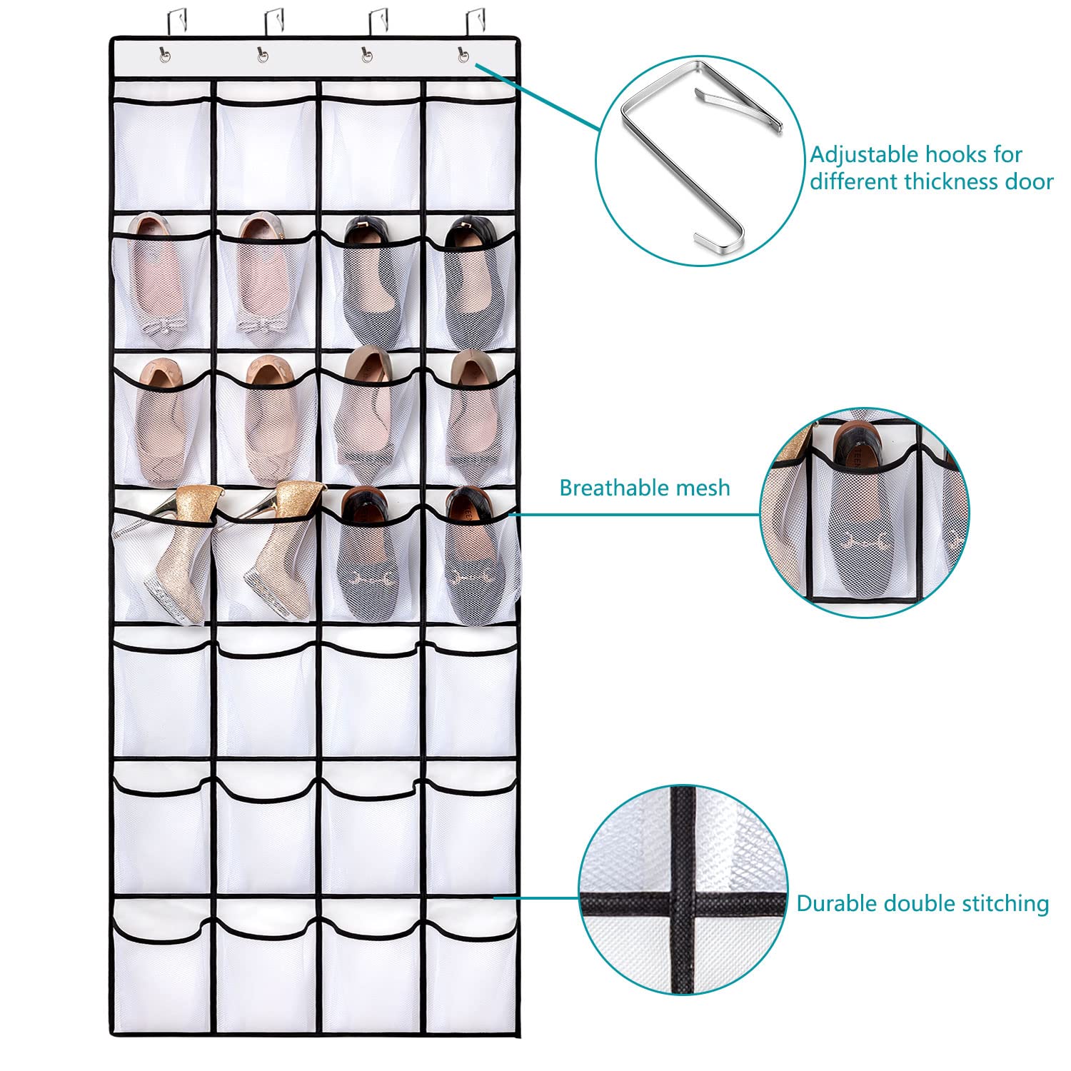 REGELOGO - Organizador de zapatos de 28 bolsillos para puerta, organizador de zapatos colgante para puerta, organizador de zapatos de gran capacidad con 4 ganchos de metal (blanco, paquete de 2)