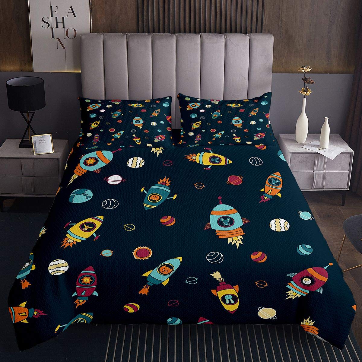Homemissing Astronaut Rocket Coverlet - Colcha acolchada para niños y niñas, astronauta, astronauta, colcha, colcha, para astronauta, astronauta, tamaño individual
