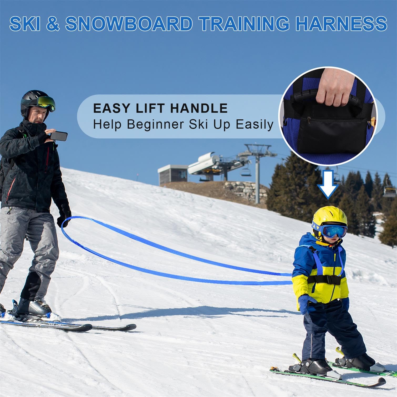 Uprzaz Narciarska i Snowboardowa, Ski Harness ze Zdejmowana Smycza i Torba, Nauczanie Kontroli Predkosci Ski Strap Akcesoria Narciarskie dla Dzieci Poczatkujacych (Niebieski)