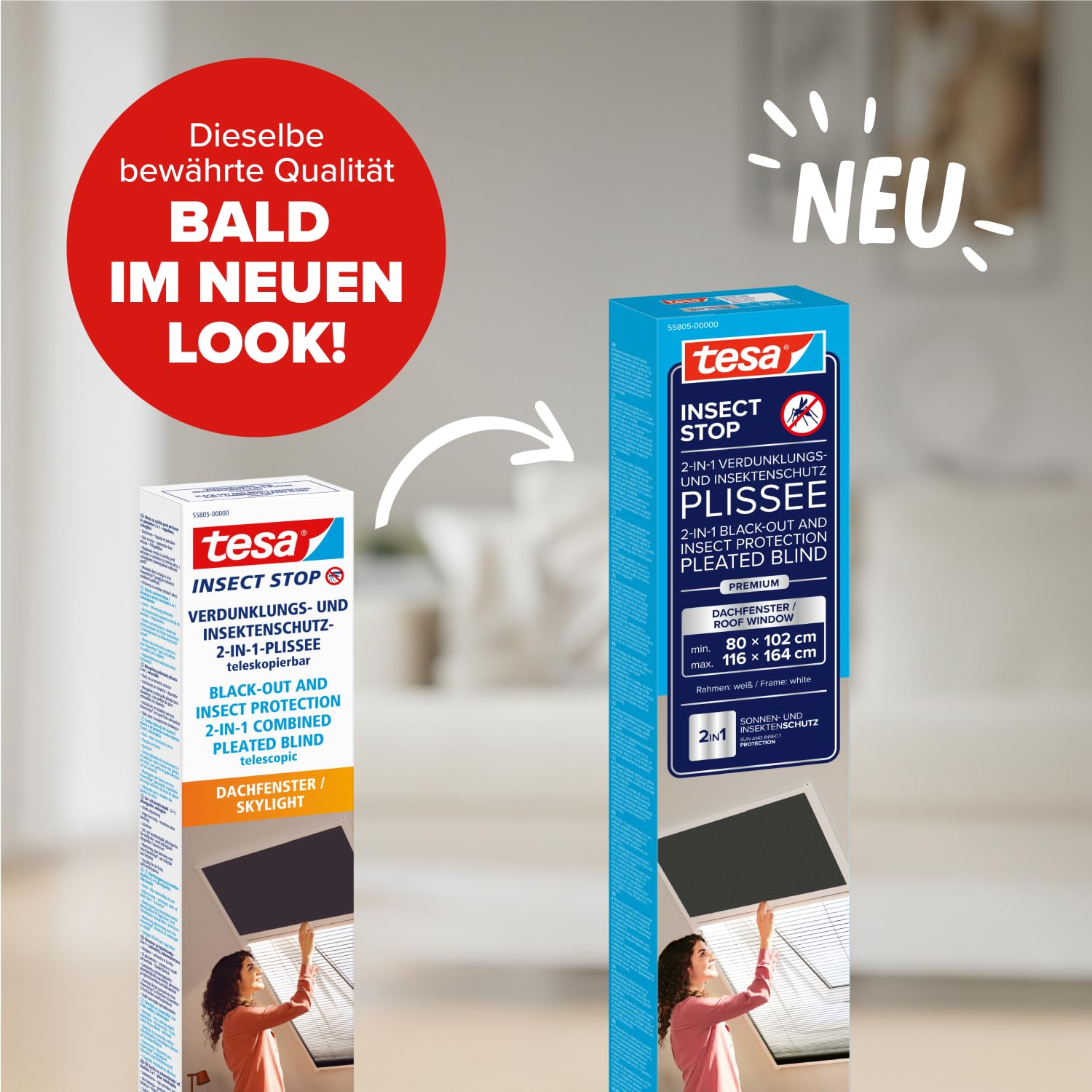 tesa Insect Stop 2-in-1 Verdunklungs- und Insektenschutzplissee Premium für Dachfenster - anpassbar, Montage ohne Bohren und Sägen - max. 1,16 m x 1,64 m - Profile in Weiß - Plissees in Anthrazit