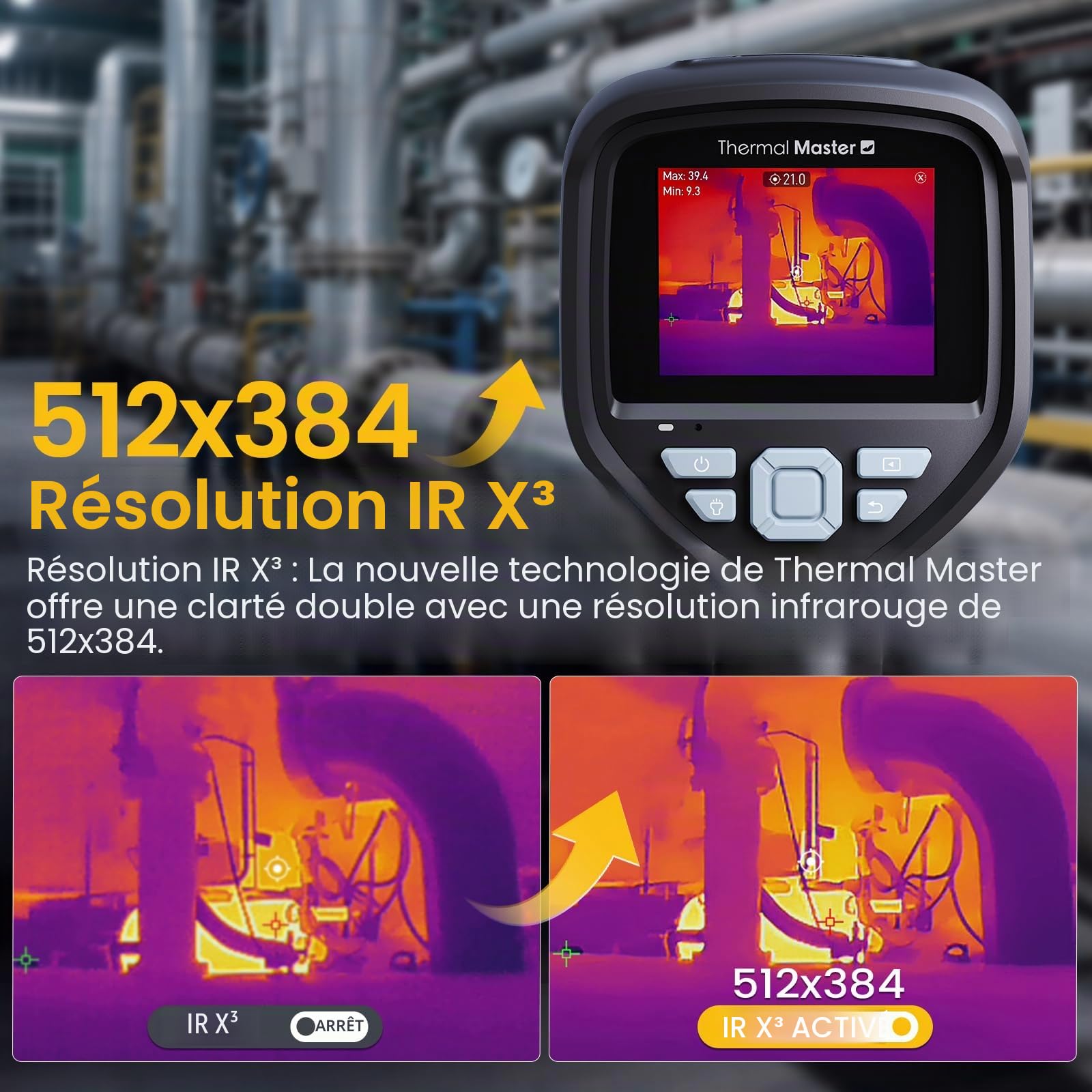 Thermal Master Thor001 Caméra thermique avec macrolens Super résolution 512 x 384 Caméra infrarouge portative ± 1,5 °C Précision 2M Pixel Caméra visuelle PC/Wifi APP Analyse d'image (Thor 001 Noir)