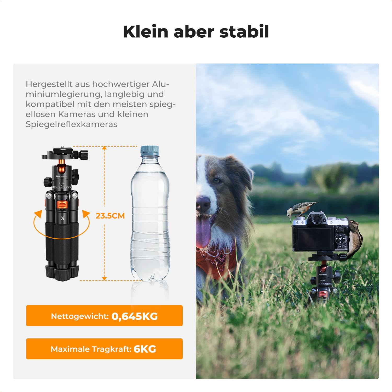 K&F CONCEPT Mini kompaktowy statyw biurkowy (55 cm) z kulką, maksymalne obciążenie 6 kg, szybka taca 1/4" i uchwytem na smartfon do aparatu i telefonu