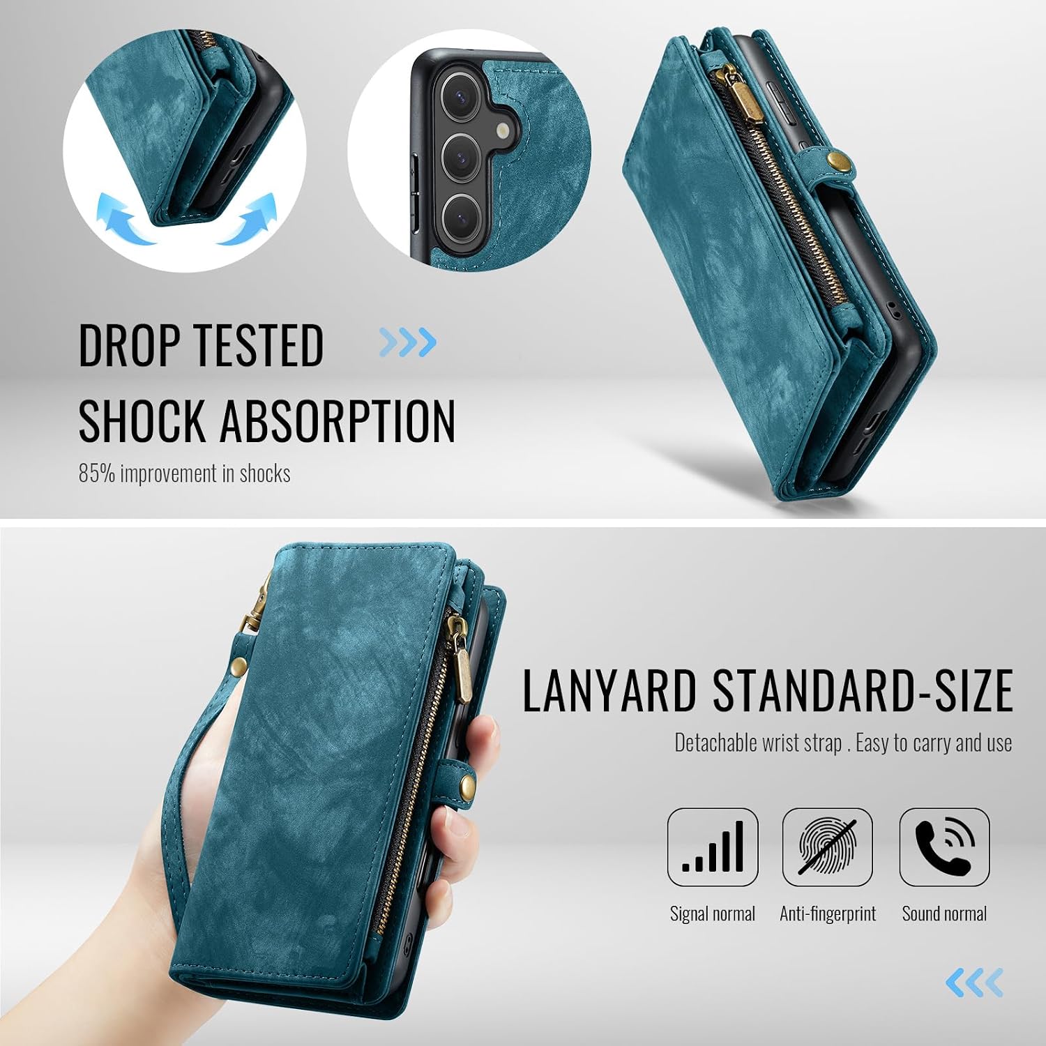 Asuwish Phone Case for Samsung Galaxy S25 Plus S25+ 5G Zipper Wallet Magnetic Detachable Cover with Tempered Glass Screen Protector and Flip Card Holder Cell S25plus 25S + S 25 25+ Women Men Blue