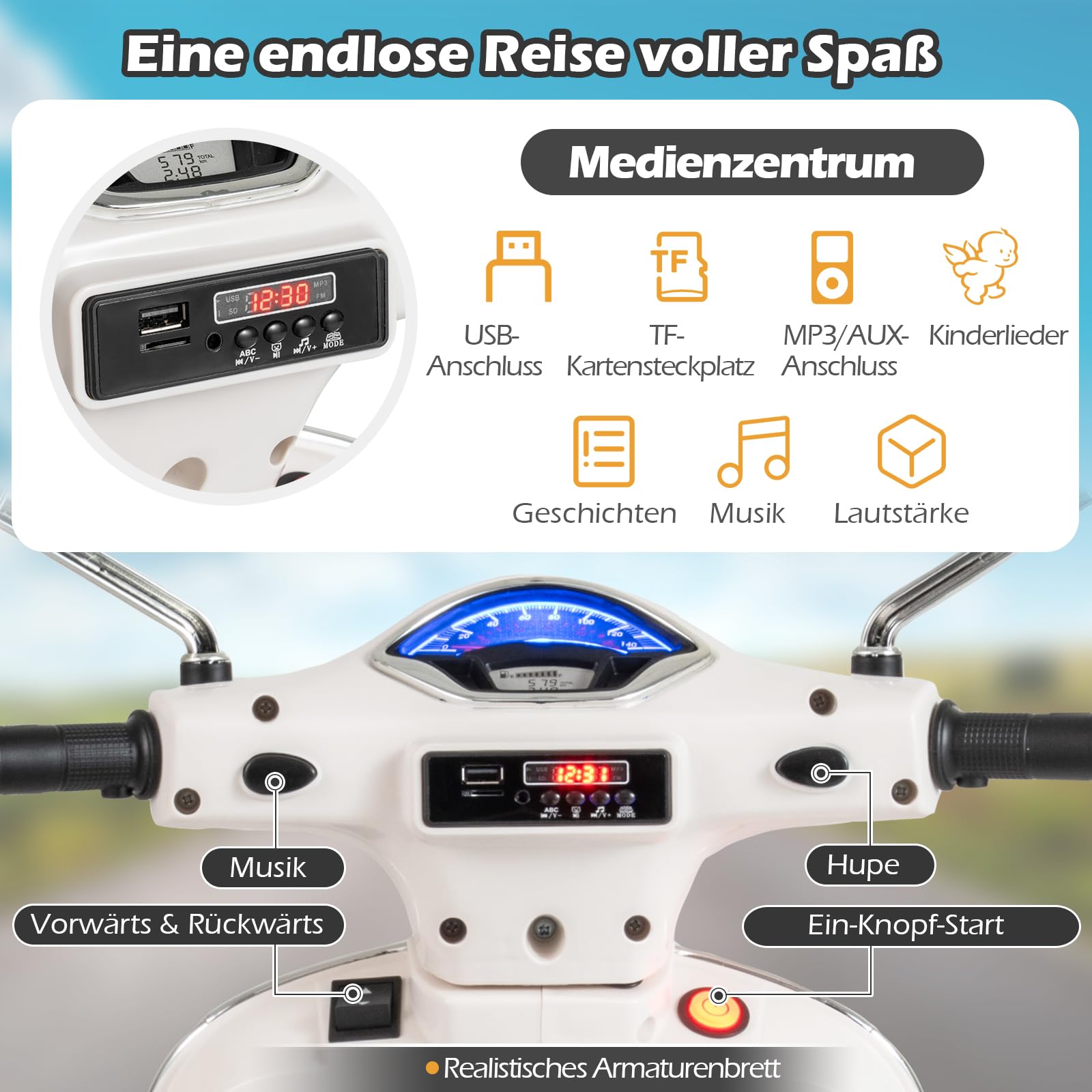 COSTWAY Kinder Motorrad Elektrisch, Vespa 12V Motorrad mit LED-Scheinwerfer & Hupe, 2-3 km/h Elektro Kindermotorrad mit Stützrädern, Elektrofahrzeug für Jungen & Mädchen von 3-6 Jahren (Weiß)
