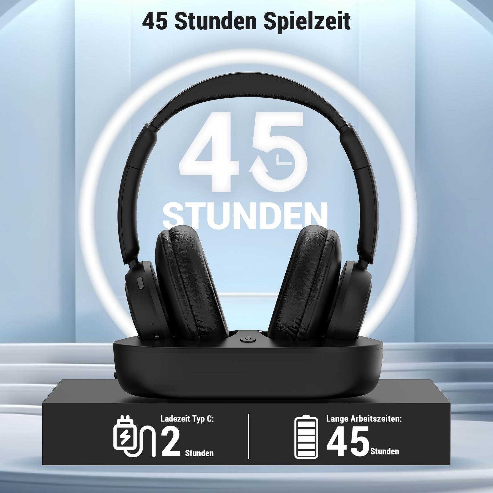 Funkkopfhörer für Fernseher, kabellose TV-Kopfhörer mit TV-Sender-Ladestation für Senioren, Hörgeschädigte, Keine Audioverzögerung, Blutooth-Kopfhörer, Plug-and-Play, Schwarz