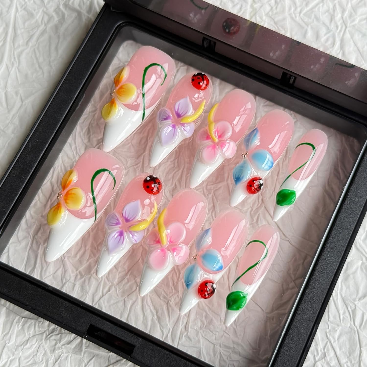 Handmade Press On Nails for Women Nude French Long Almond | Home made with 3D Colorful Flower Ladybug Decor, Reusable Garden Manicure, 10PCS M Size Nail Kit