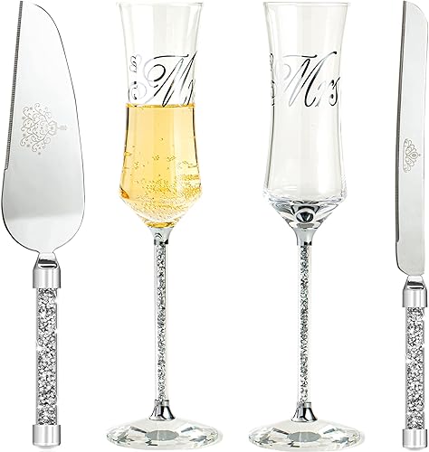 Miniatura 2 de Juego de 4 flautas de champán y cuchillos para tartas copas de champán plateadas suministros de recepción de boda para novia y novio flautas para