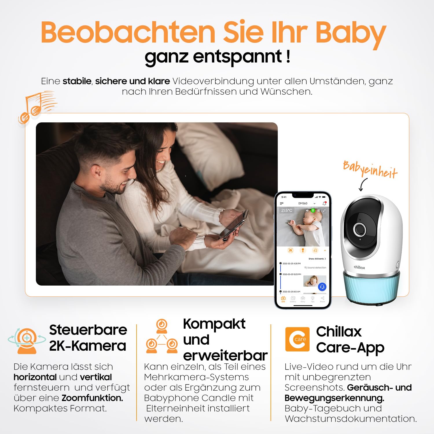 CHILLAX - Baby Kamera Candle - 2K QHD 360° Panorama, Fernbedienbar - Kompaktes Format - Nachtsichtfunktion - Temperatursensor mit Alarm - Gegensprechfunktion - Nachtlicht & Wiegenlieder - App