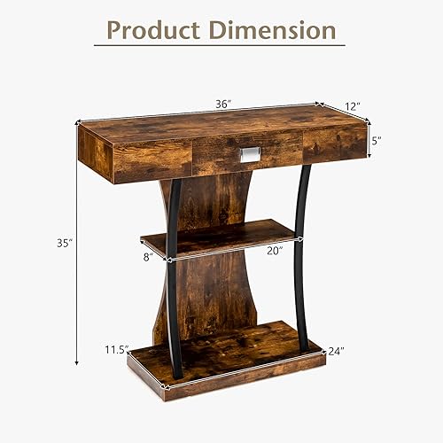 Miniatura 3 de Giantex Mesa de consola estrecha en forma de T detrás de la mesa del sofá con cajón estantes kits dobles antivuelco mesa de vestíbulo moderna mesa