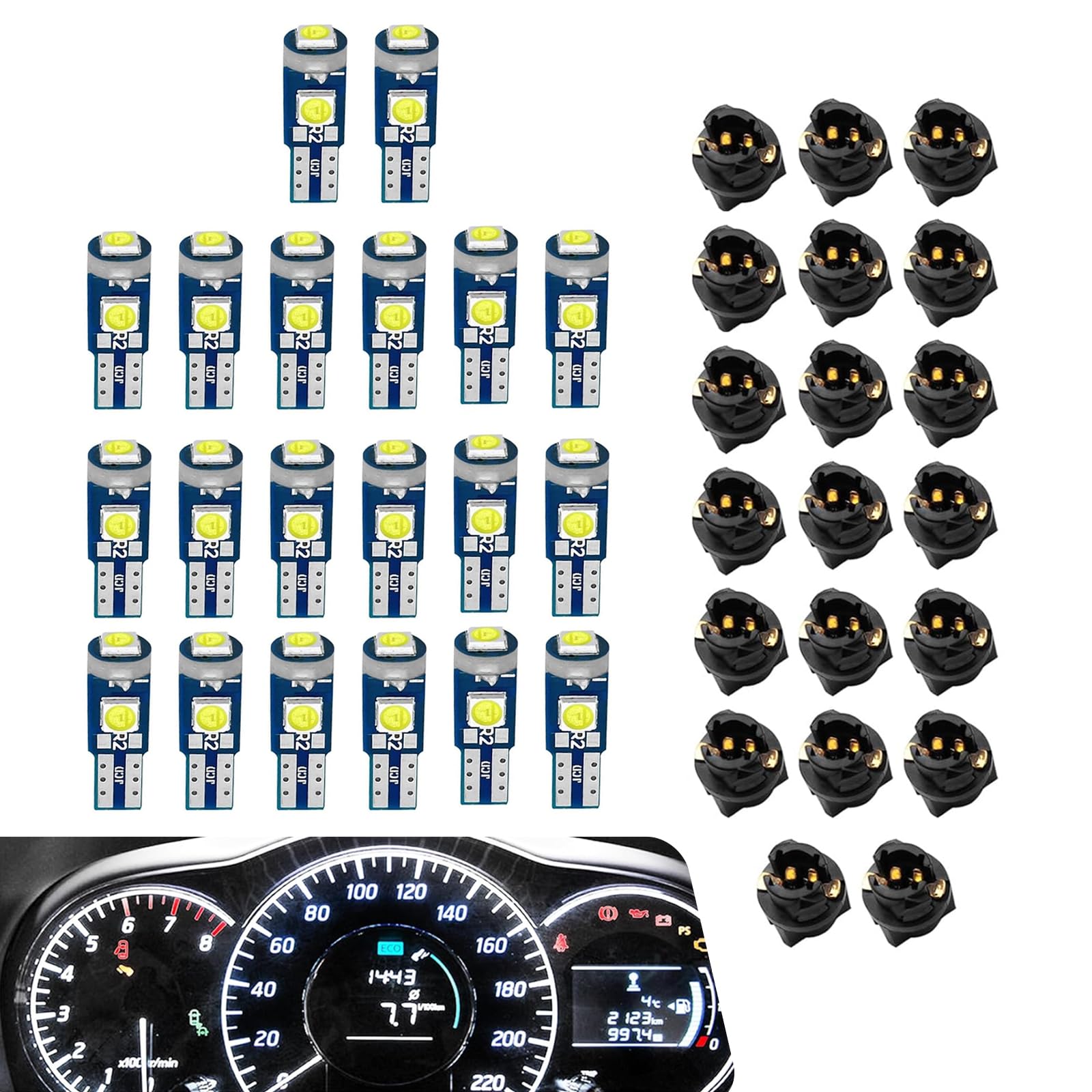 20PCS T5 74 LED Bulb Dash Lights, Super Bright 3030 SMD Instrument Cluster Gauge Lamp, 37 Wedge Bulbs with PC74 PC37 Twist Lock Socket, for Car Dashboard Panel Gauge Indicator (White)