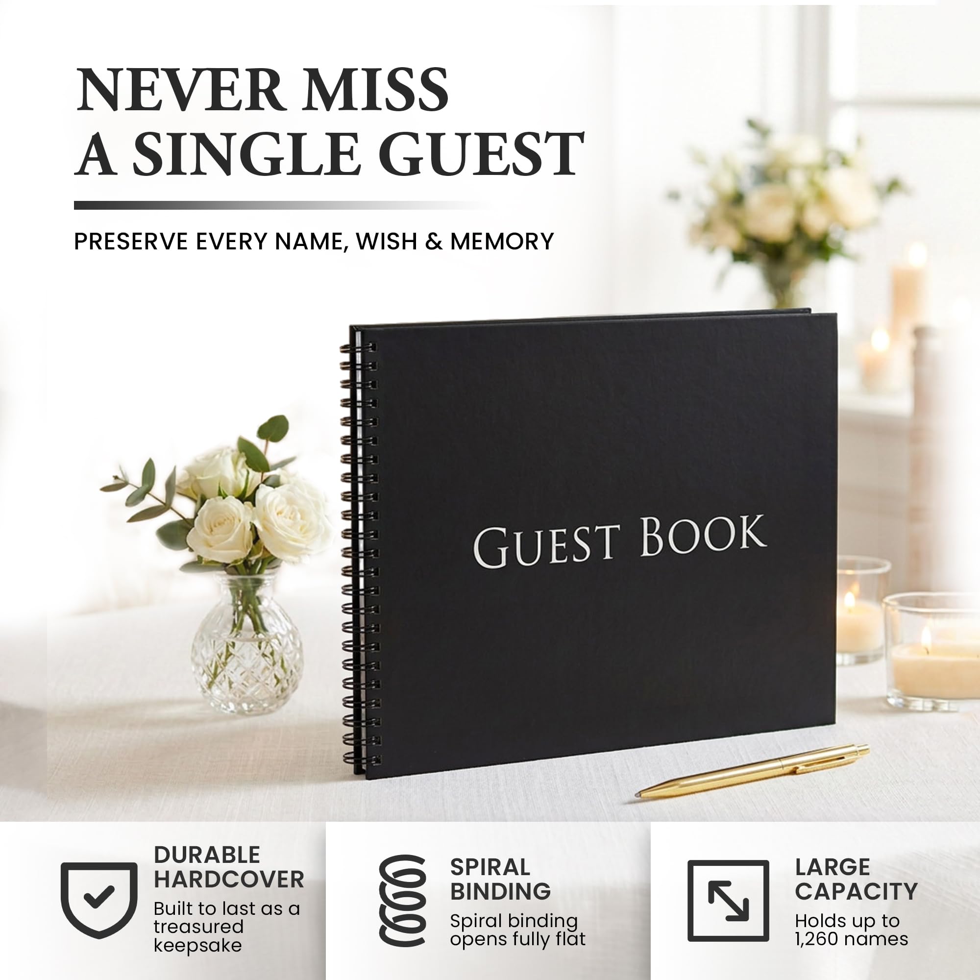 Iconikal Libro de visitas de tapa dura 1260 con nombre, carbón, 25,4 x 20,3 cm, registro de invitados, nombres de invitados, direcciones, información de contacto de ocasiones especiales