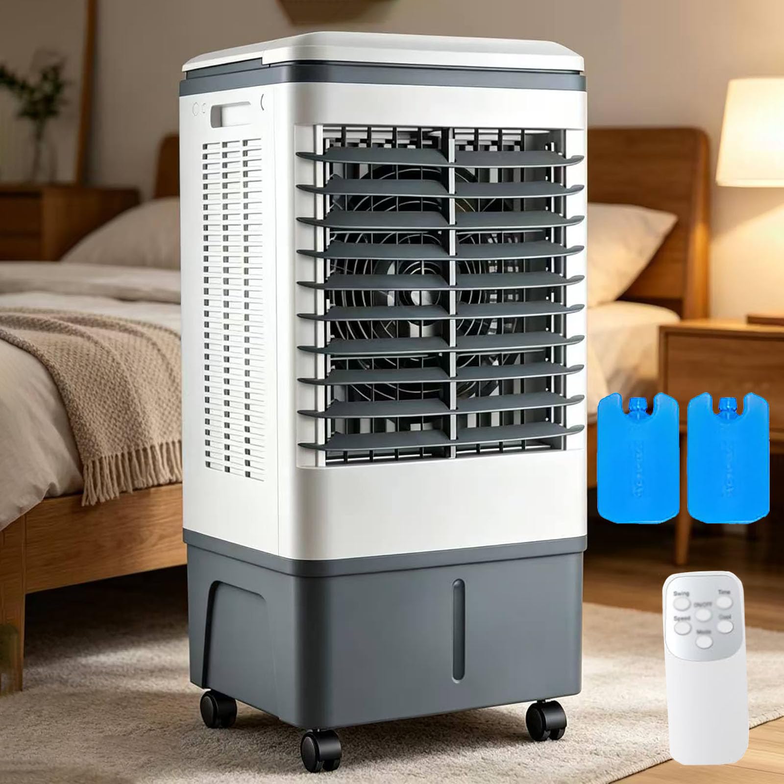 MESCXTY 4-in-1 Swamp Cooler, 2100 CFM Evaporative Air Cooler with Remote, 10.5 Gal Water Tank, 3 Speeds, 2 Ice Packs, 7.5H Timer, Auto Oscillation, Portable Cooling Fan for Indoor Outdoor