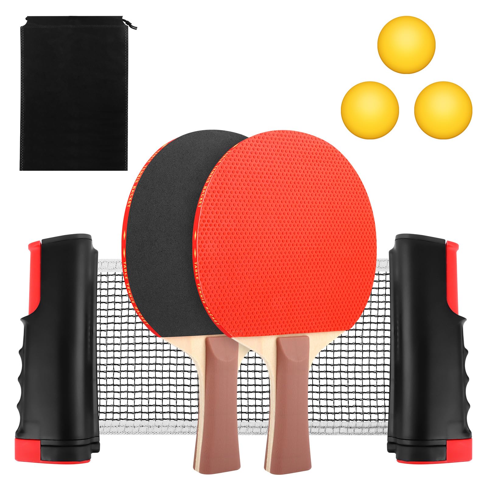 Juego de raquetas de tenis de mesa, juego de tenis de mesa profesional, red de tenis de mesa con red para niños 2 raquetas de tenis de mesa + red retráctil, 3 pelotas de ping-pong, 1 * bolsa de malla