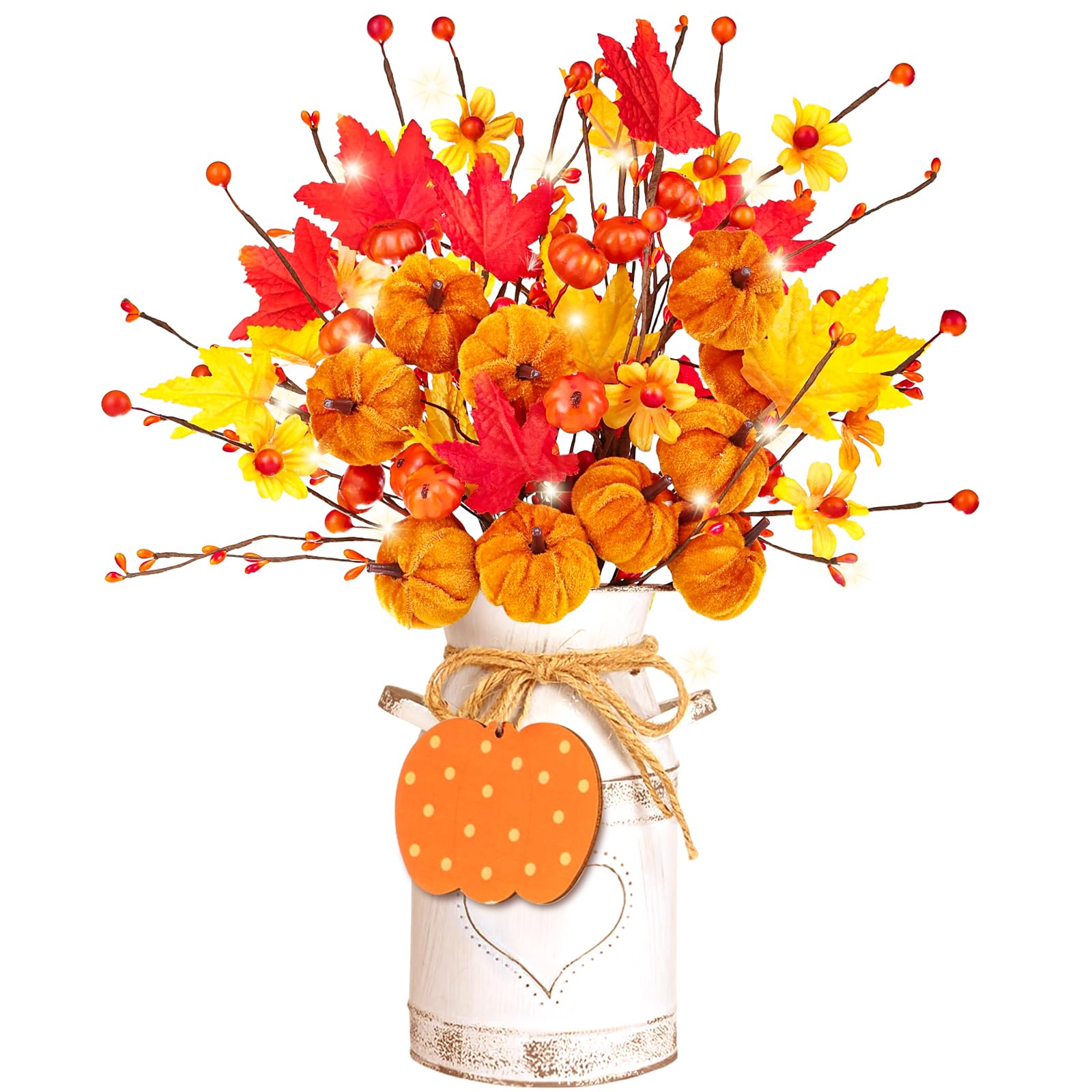 Decoraciones de otoño para el hogar con calabazas artificiales y jarro blanco