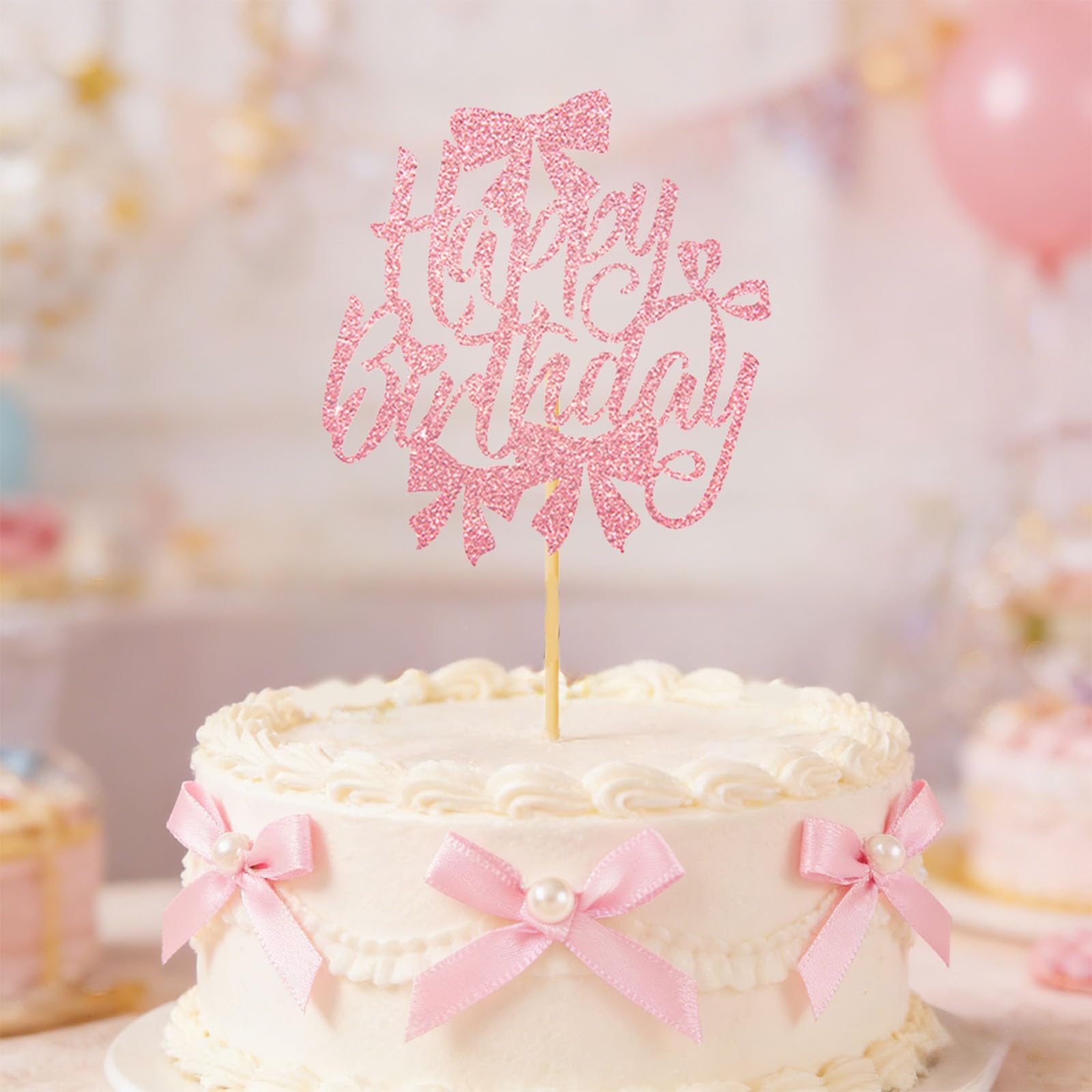 13 Piece Pink Bow Birthday Cake Decorations Set - Happy Birthday Sign & 12 Bows - Reusable Non-Edible Cupcake Toppers for Party Decor