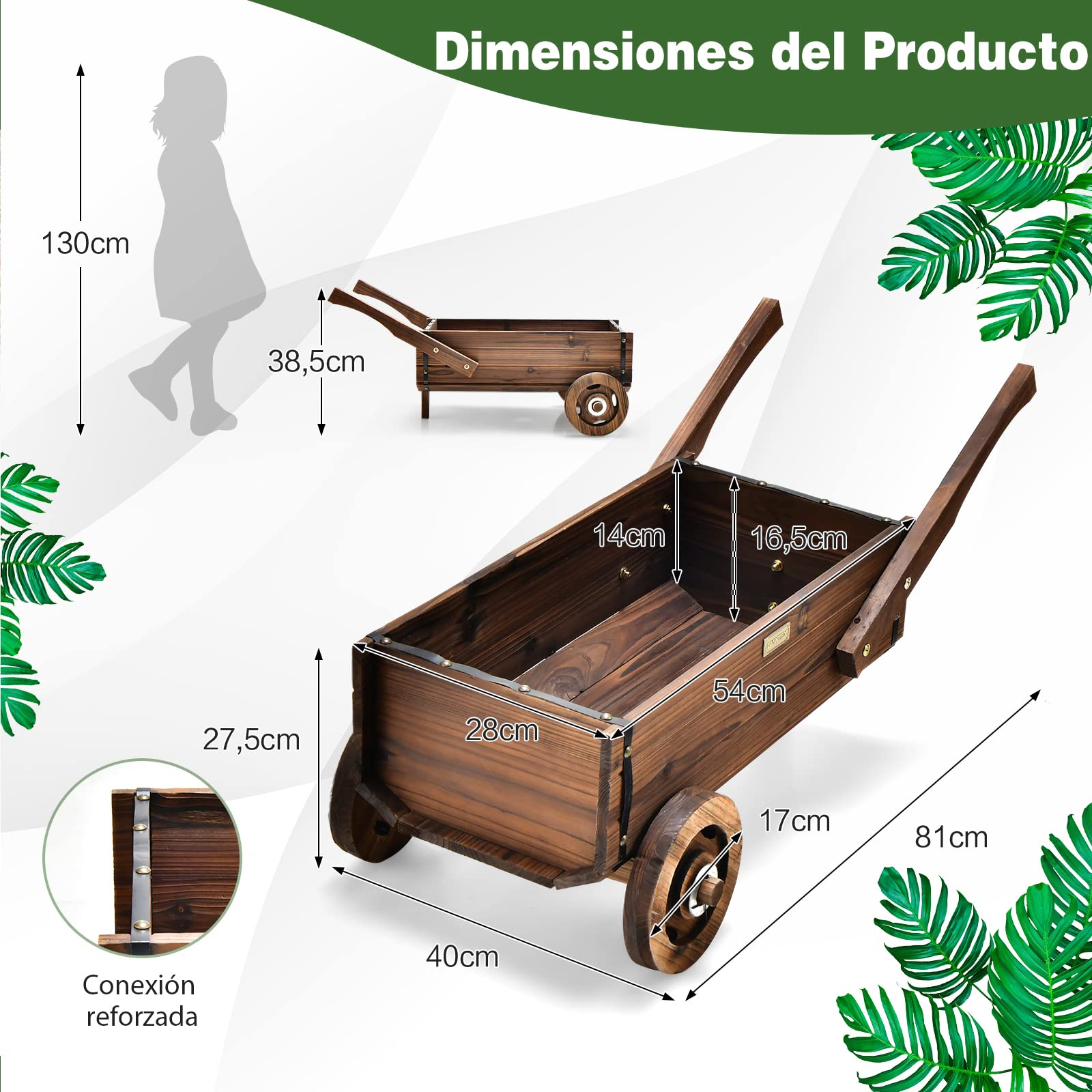 COSTWAY Carretilla Jardín de Madera de Flores, Carrito de Madera Maceta con Ruedas, Asas, Orificio de Drenaje, Soporte para Macetas de Flores, Maceta Decorativa para Jardín Patio (81 x 40 x 38,5 cm)