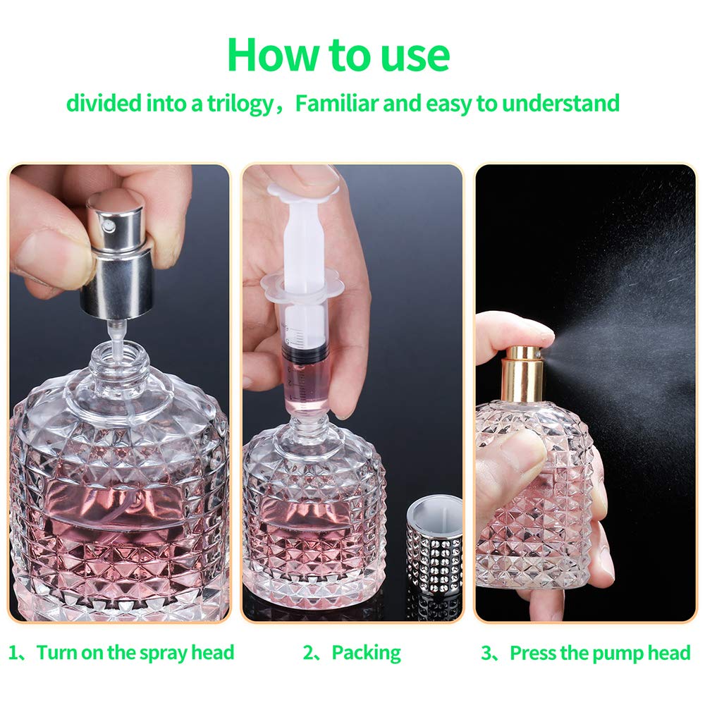 2 Pack 30ml 50ml Clear Empty Glass Spray Bottles，Refillable Empty Atomizer Perfume Bottles，Atomizer Spray Bottle With 4 Free kinds of perfume dispenser (50ml Silver cap and 30ml Silver cap)