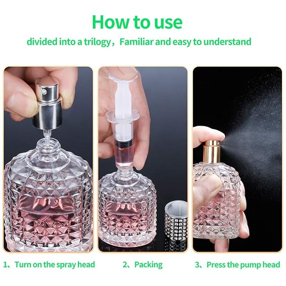 2 Pack 30ml Refillable Clear Glass Fine Mist Empty Spray Perfume Bottles, Atomizer Spray Bottle With 4 kinds of perfume dispenser (Silver cap and Gold cap)