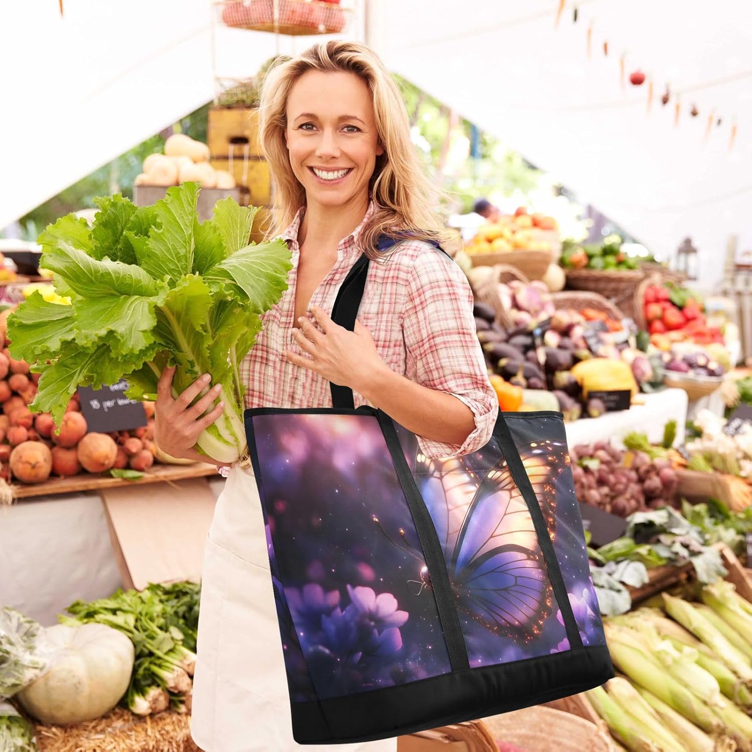 Butterfly Fly Purple Large Insulated Tote Bag for Grocery Shopping Reusable Tote Bags for Women Men, Cooler Bag with Zippered Top & Handles for Beach Picnic Travel