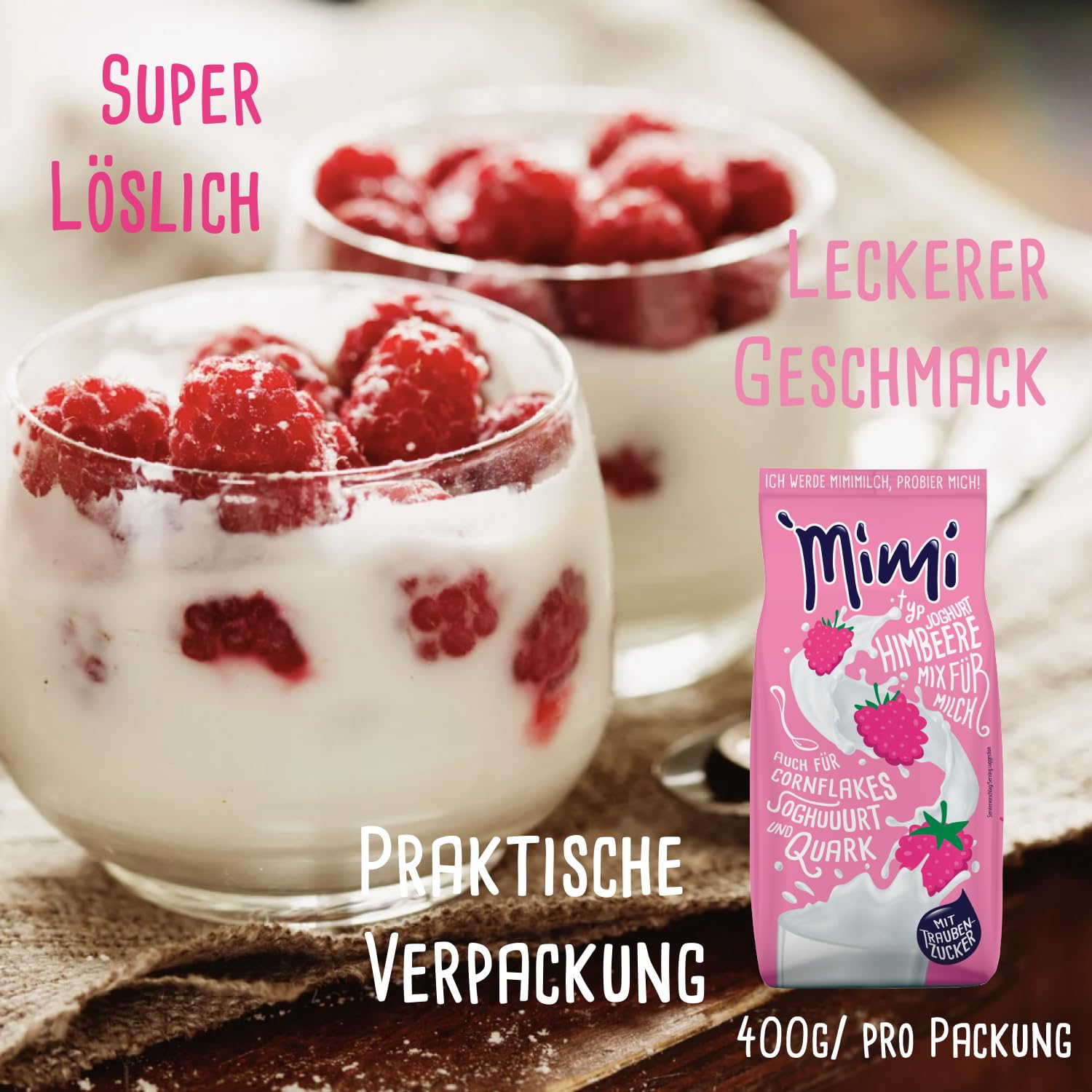 Mimi Milk Mix Yogur Frambuesa Bebida Polvo 24 x 400 g - Pack de Almacenamiento - Polvo de bebida soluble en leche con sabor a fresa - Soluble en frío y caliente - Ideal para ocio, oficina, familia