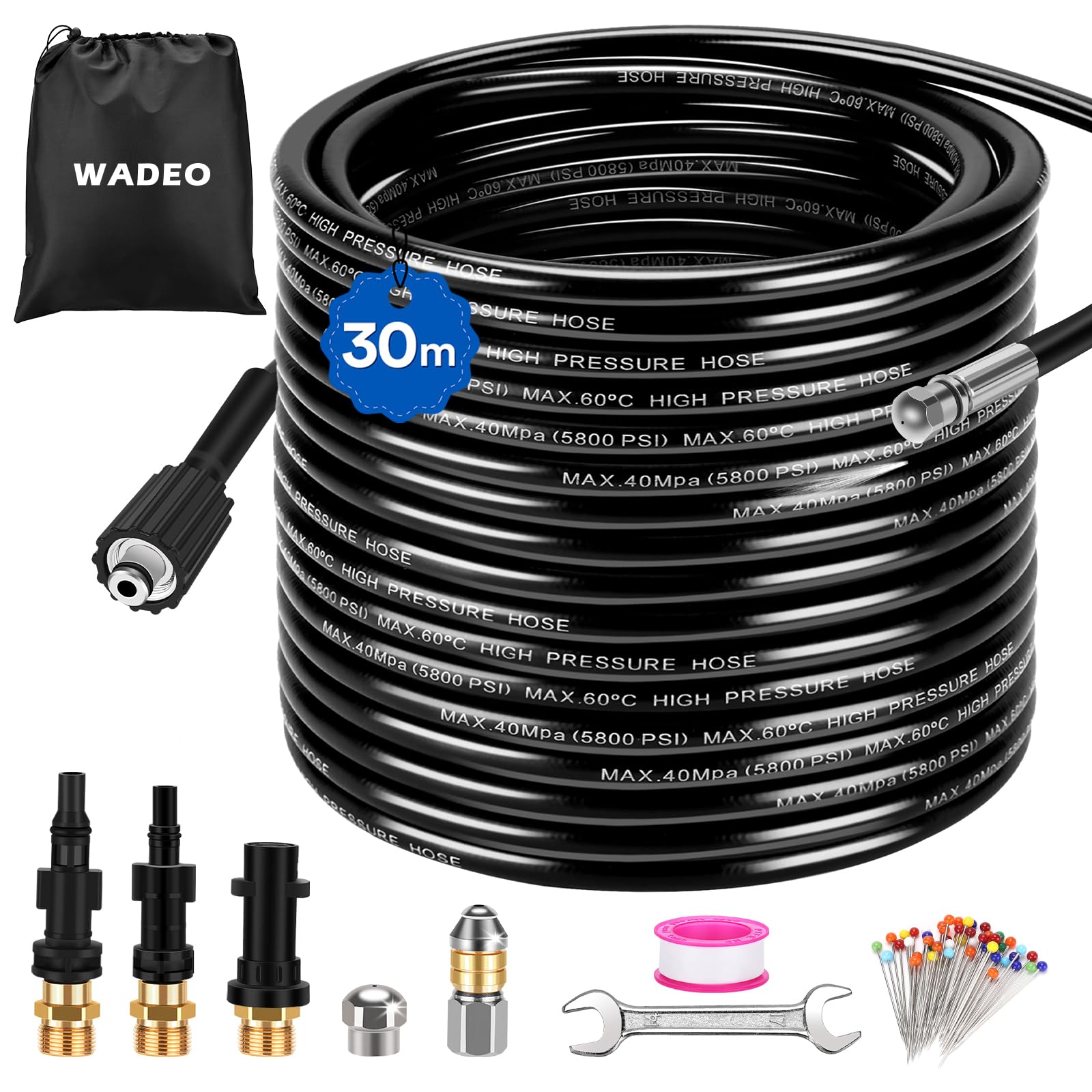 WADEO Sonda Sturatubi per Idropulitrice 30M, Tubo per Idropulitrice con Ugello Rotante e 3 Adattatori, Kit Pulizia Scarichi Compatibile Karcher K2-K7, LAVOR, Bosch