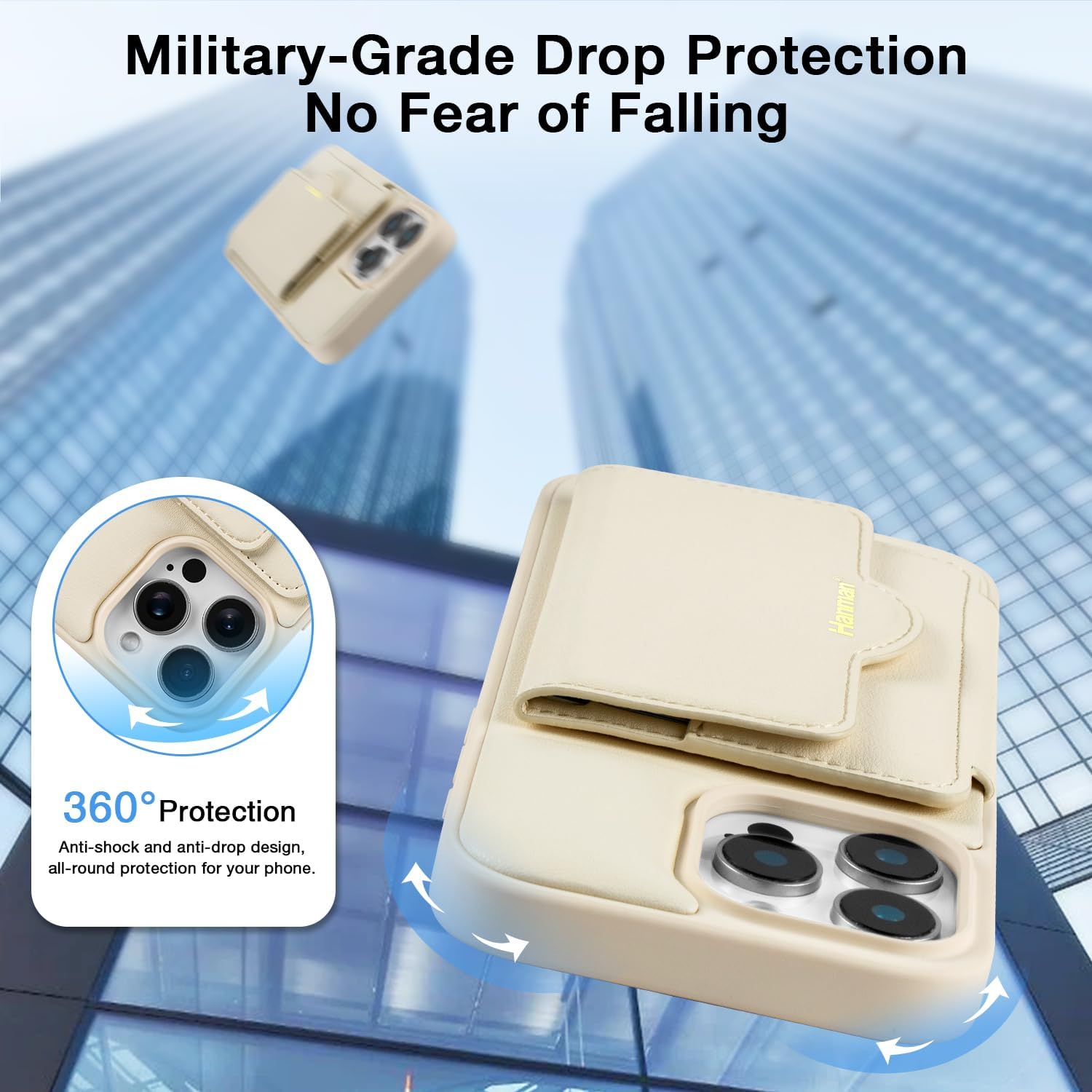 Hanman for iPhone 16 Pro Max Wallet Case with Card Holder,Microfiber PU Leather Kickstand Card Slots Case,Unique Lightweight Magnetic Wallet Protective Case for iPhone 16 Pro Max-Beige