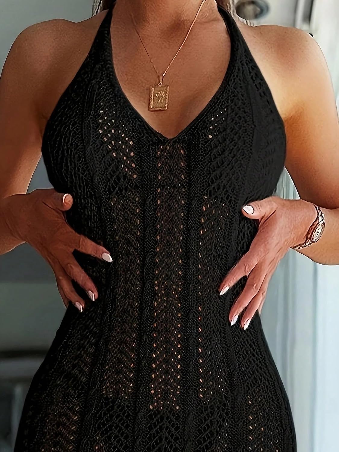 Womens Neck Deep V Hollow Penetration Sexy Knit Beach Smock Dress Long cover ups for swimwear