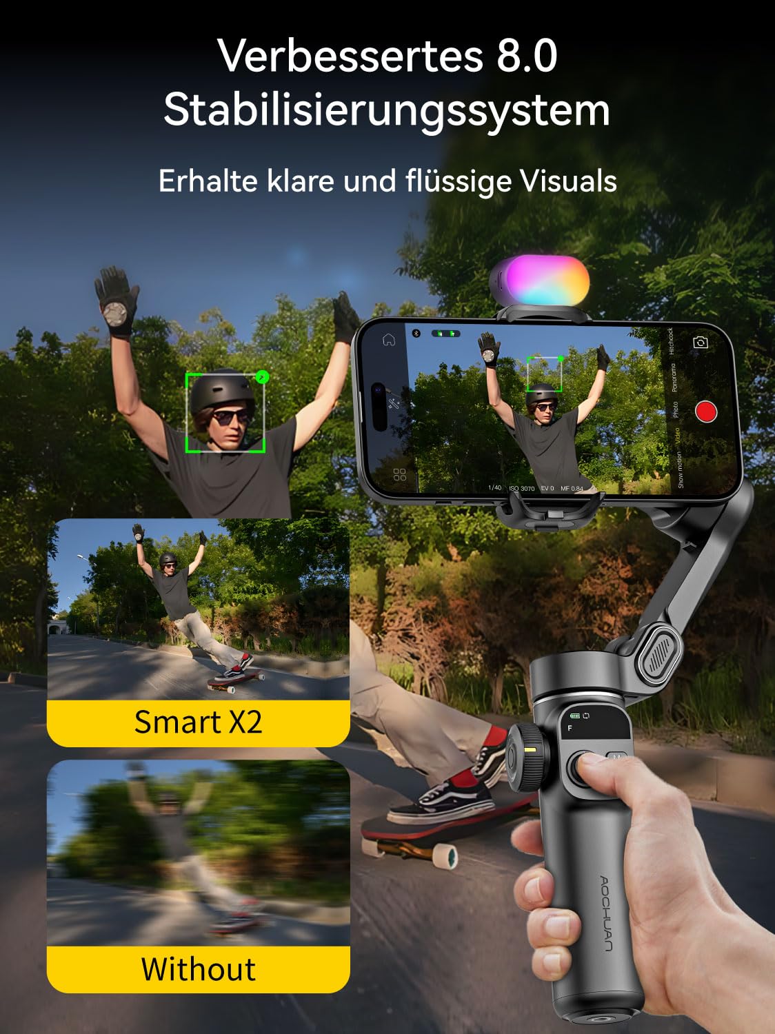 AOCHUAN Gimbal-Stabilisator für iPhone, Telefon-Gimbal mit magnetischem RGB-Fülllicht, faltbares Stabilisator mit integrierter 7,8-Zoll-Verlängerungsstange für iPhone/Android Smart X2 Kit Schwarz
