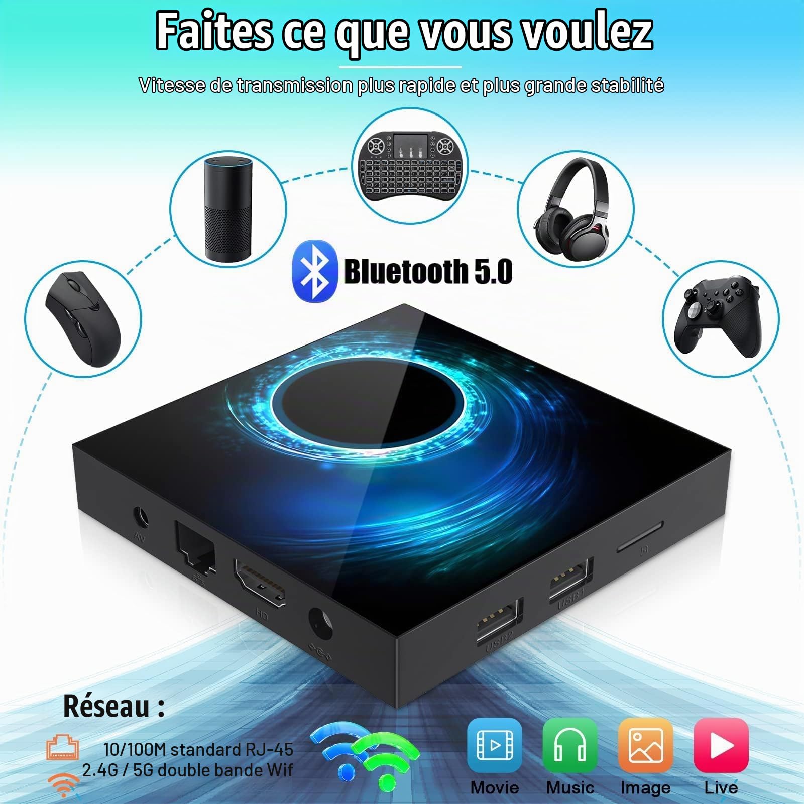 Android TV Box 10.0, Android Box 4GB RAM 32GB ROM Quad-Core Arm Cortex-A53 Con WiFi 2.4G/5.0G Ethernet 10/100M 6k HD Boitier TV Android