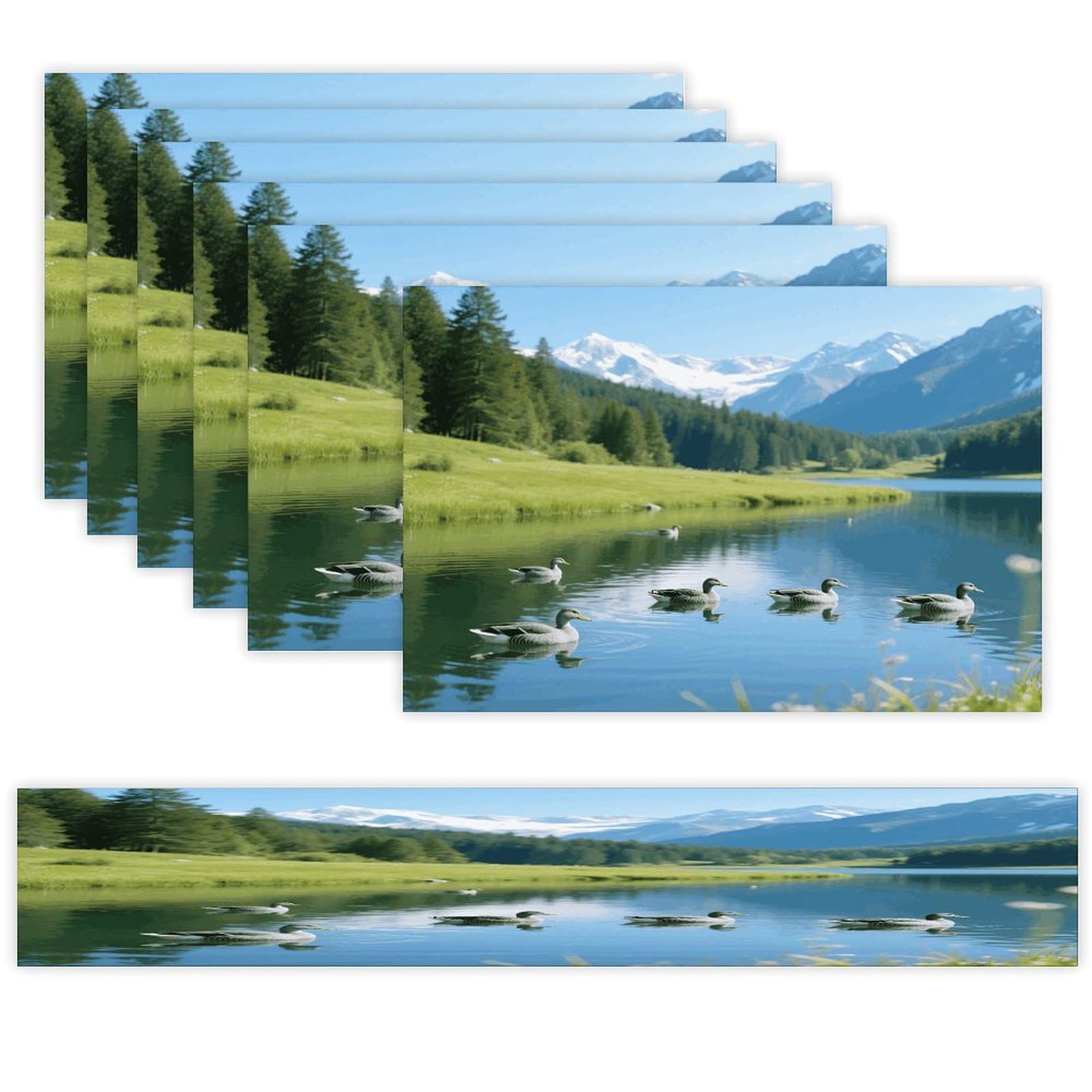 Alpine Lake Table Runner and Placemats Set of 7 Linen Table Mat Non-Slip Place Mats Washable Placemat Heat Resistant Place Mat with Table Runner for Party Dining Decor