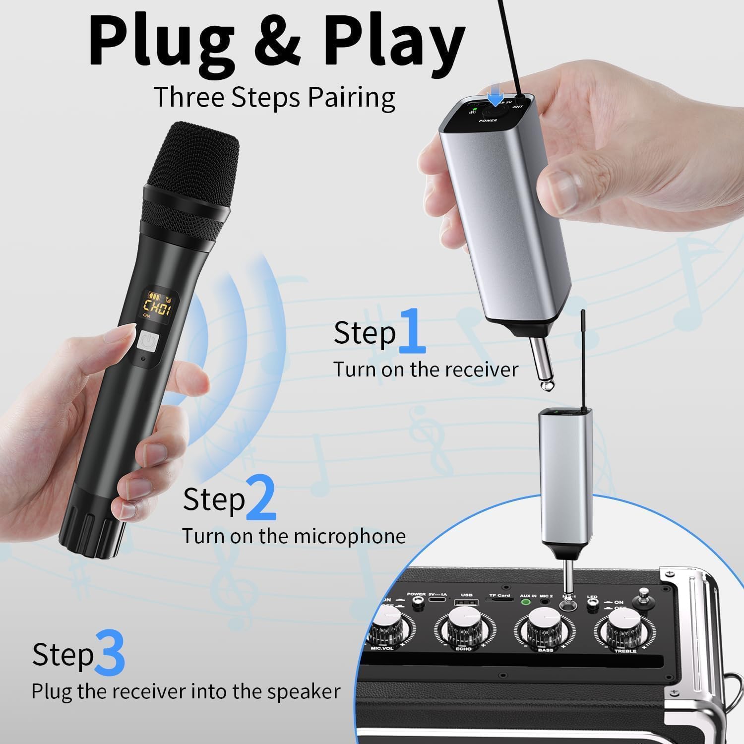 Microphone sans fil, système de microphone sans fil UHF avec deux microphones à main sans fil et récepteur rechargeable, portée de 200 m, pour systèmes de sonorisation, karaoké, DJ, chant, conférence