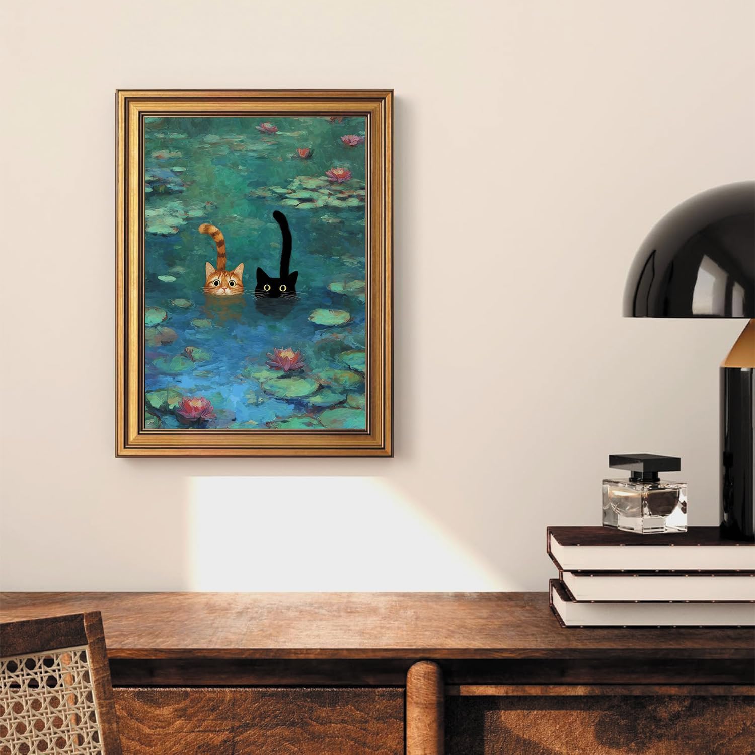 AYHSSMO Vintage Gold Framed Wall Art Monet Waterlily Wall Decor Funny Canvas Art Cute Black Cat Pictures Retro Paintings For Living Room Bedroom Bathroom Corridor 12x16in