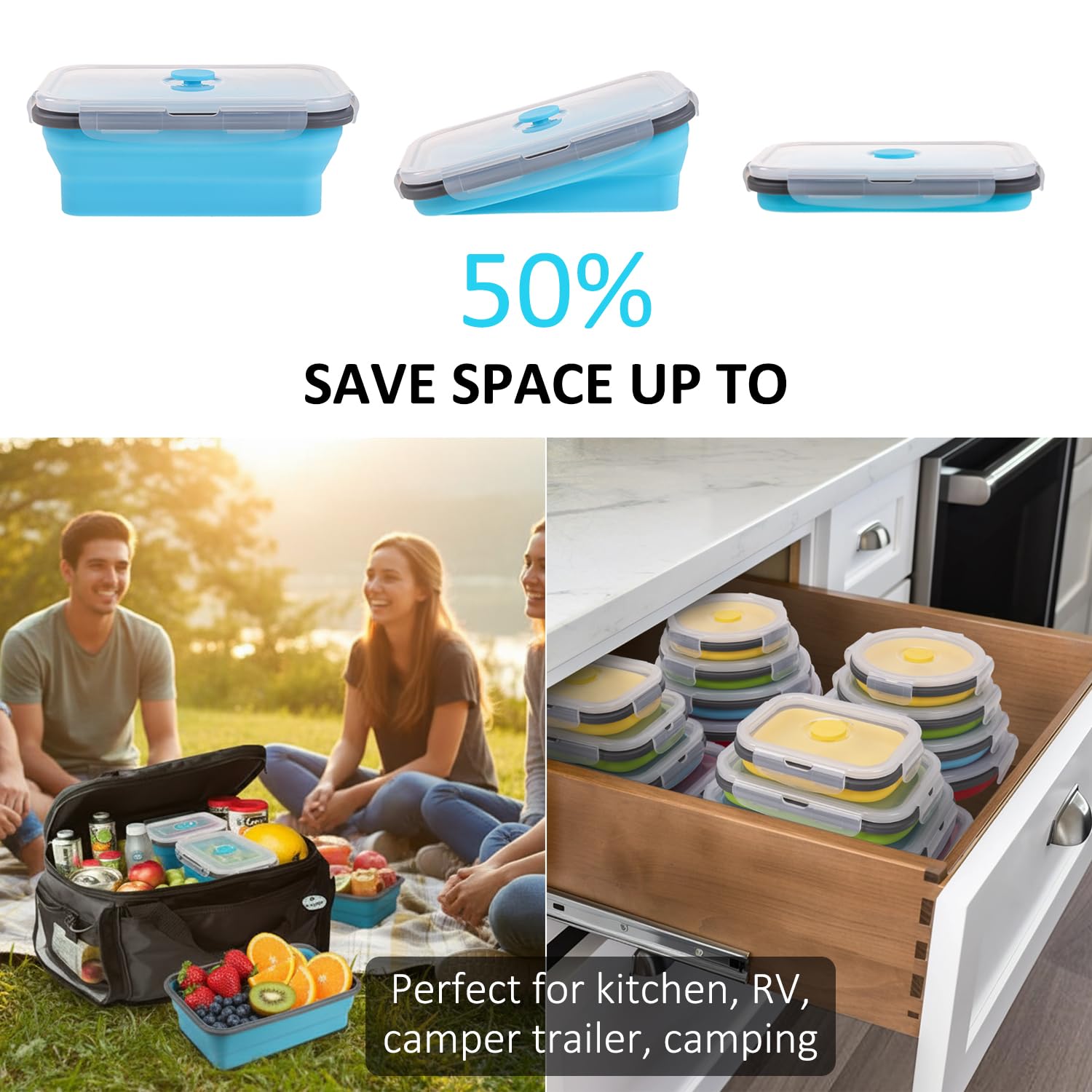 Contenedores plegables de almacenamiento de alimentos con tapa y ventilación de aire, paquete de 16, 8 rectangulares + 8 redondos, Annaklin plegables de silicona, juego de cuencos plegables, aptos