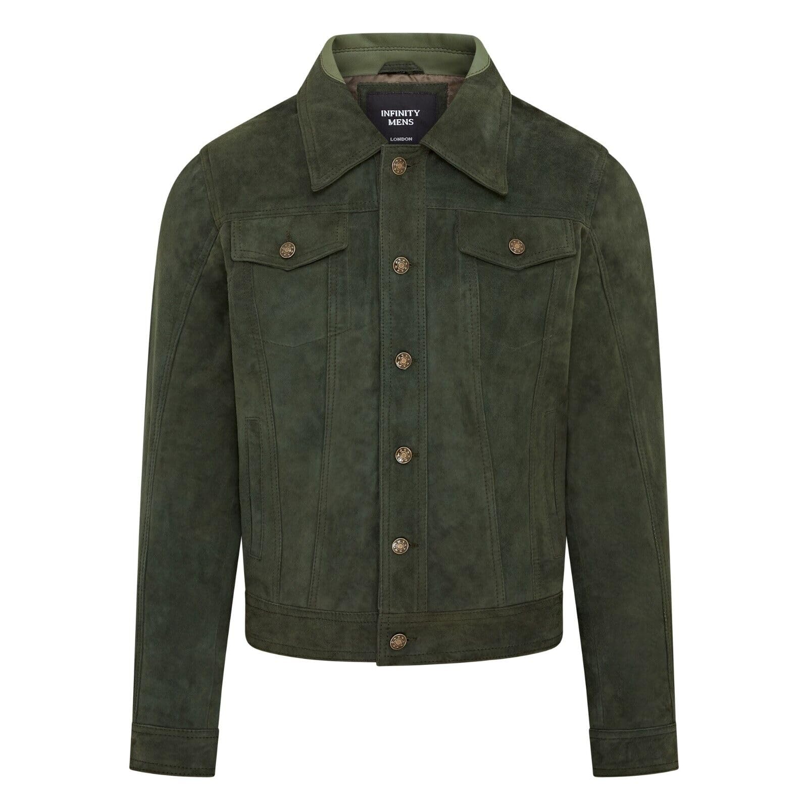 Infinity Leather Men's Green Trucker Goat Suede Western Leather Jeans Jacket - Yangon - Uk S | Eu 46 | Us 36