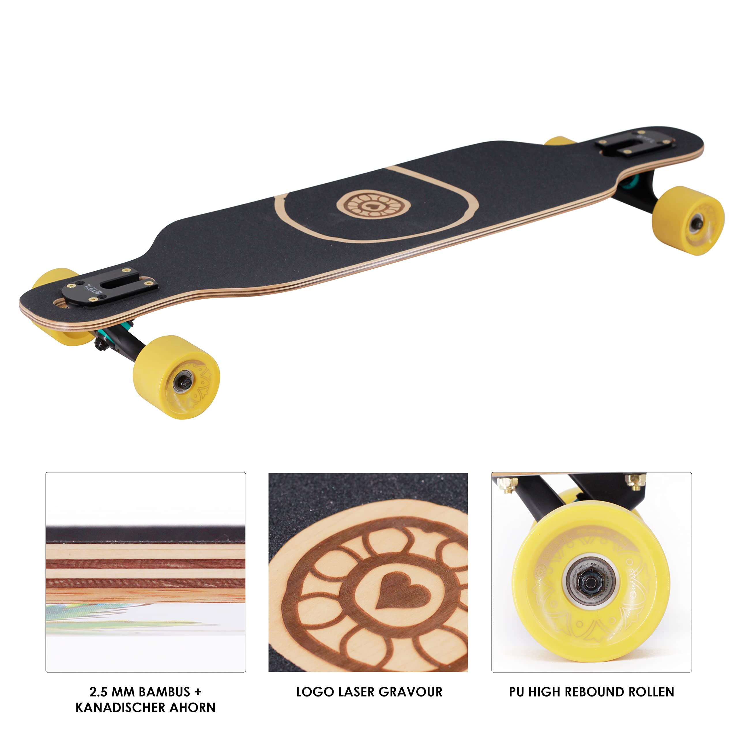 BTFL Drop-Through Longboard para niñas, monopatín completo con rodamientos ABEC 9, Cruiser para principiantes y avanzados: Chloe, Flora, Malou, Polly3, Yuva, Kayla, Keanu