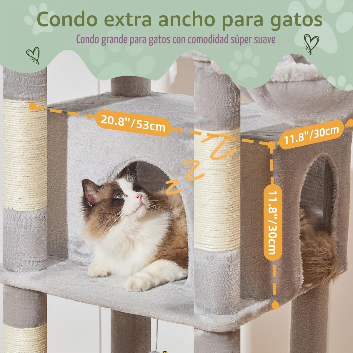 Taoqimiao Rascador para Gatos 180cm, Ideal para Gatos Grandes de +9 kg, con 3 amplias Plataformas, 9 Postes de sisal para arañar, casa Acolchada, Hamaca y Cesta de Lujo, MS034W Gris Claro