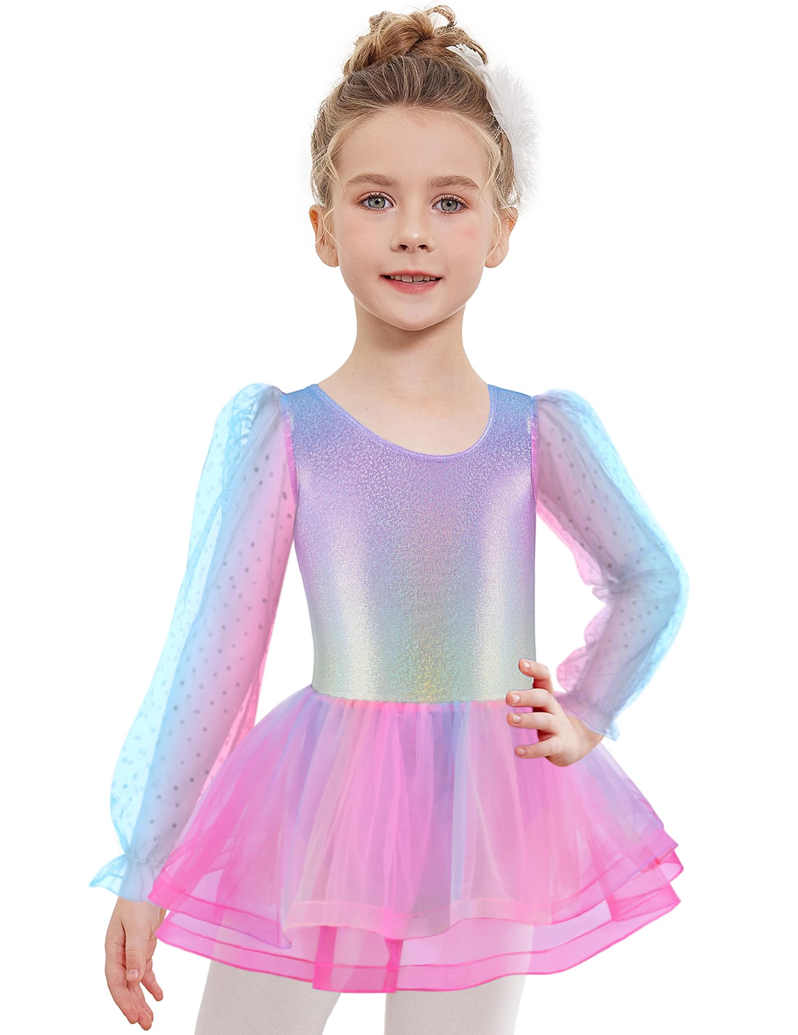 Arshiner Ballettkleidung Mädchen Puff Langarm Kinder Ballettkleid Ballettanzug Tanzkleid Tutu Ballett Tanzbody mit 3-lagiges Tütü 2-8 Jahre